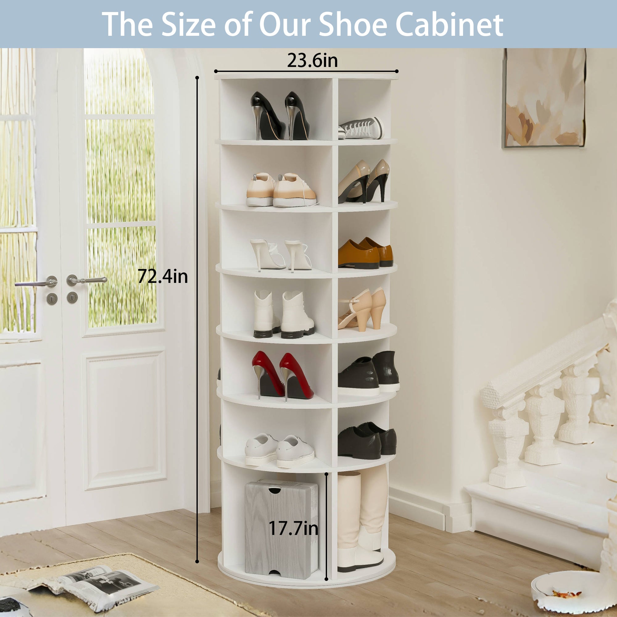 7-Tier Rotating Shoe Rack Tower, 360° Spinning Shoe Organizer, Free Standing Lazy Susan Design, High Bottom Storage, Holds 28 Pairs, White