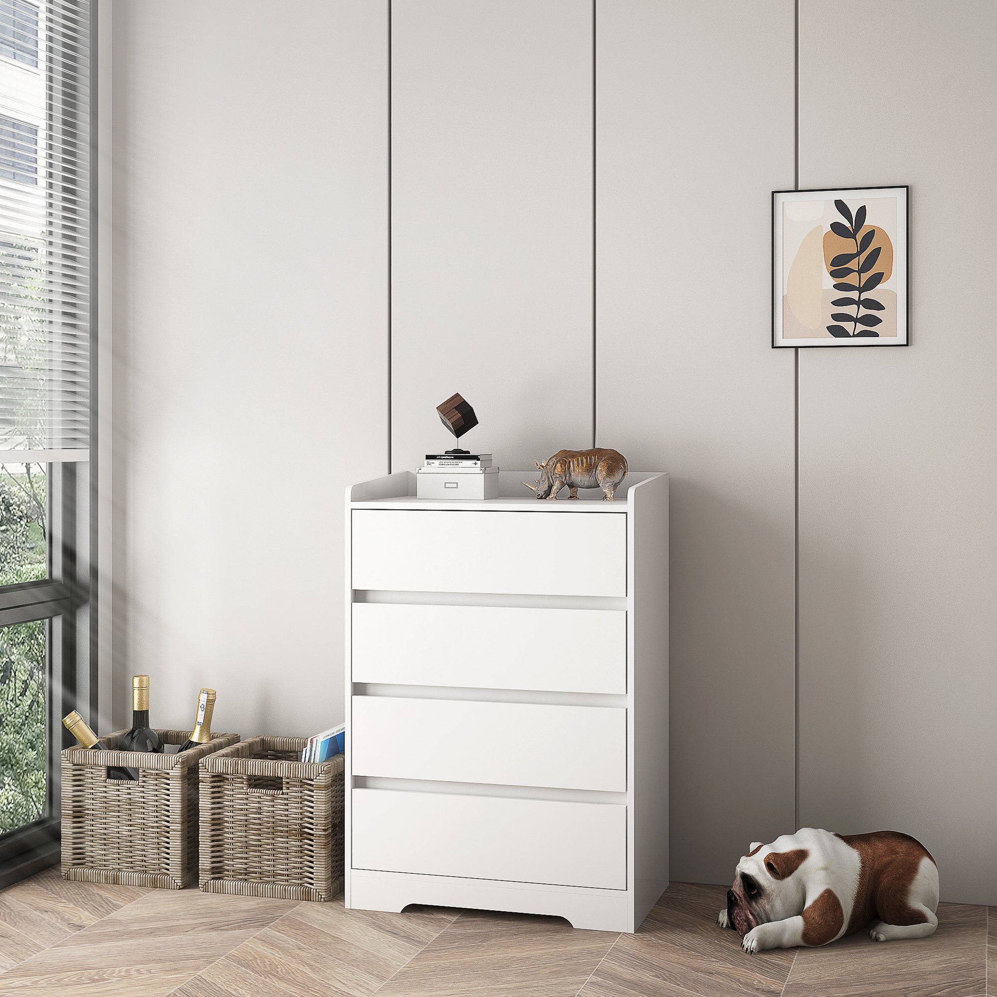 4 Drawer Dresser, Chest of Drawers Without Handle, White Dresser for Bedroom 100% Waterproof, Modern Wooden Cabinet with Sturdy Frame for Living Room, Entryway, Bedroom, Hallway, Office