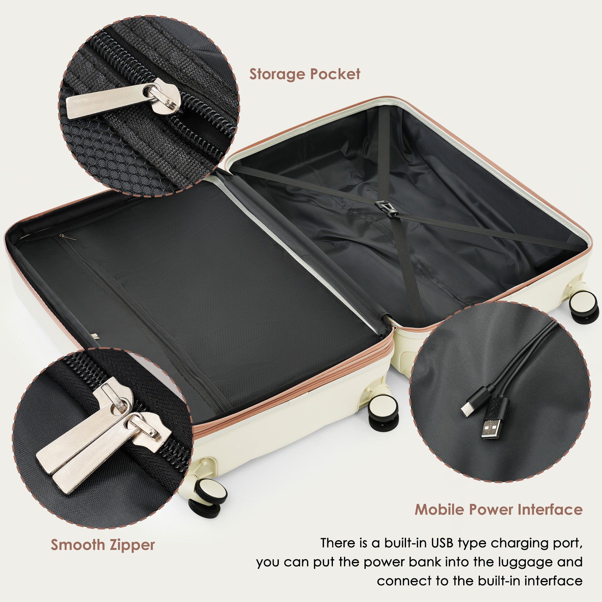 4-Piece Beige Luggage Set - USB Port, Cup Holder, Spinner Wheels