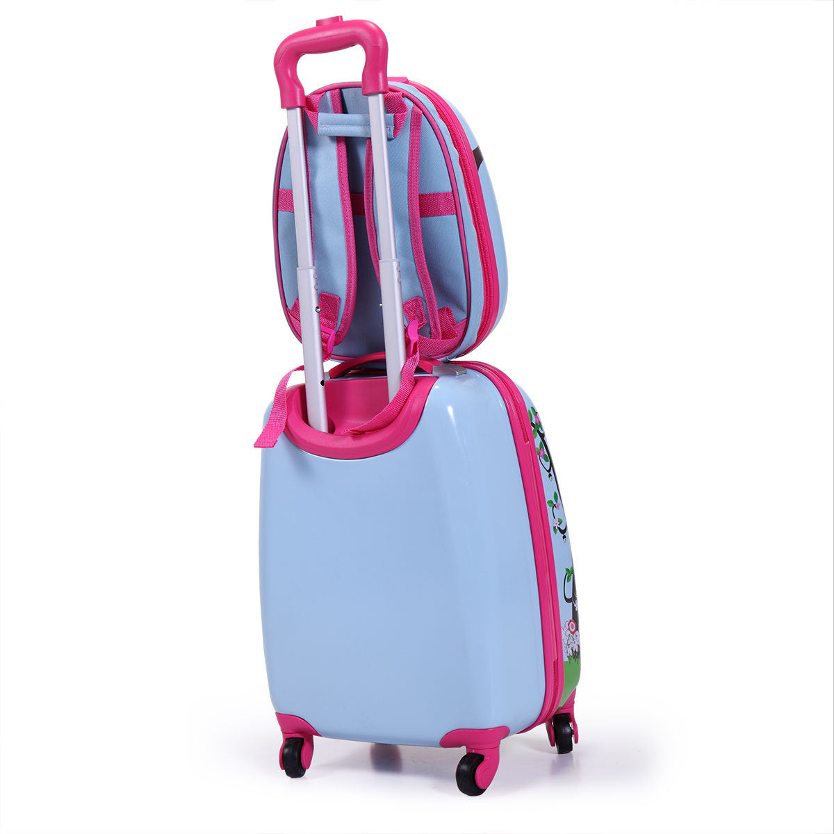 2 PCS Kids Luggage Set, 12' Backpack and 16' Spinner Case with 4 Universal Wheels, Travel Suitcase for Boys Girls, Light Blue with Animal Patterns
