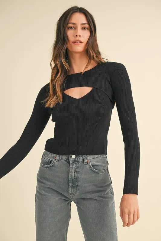 MABLE Cutout Long Sleeve Ribbed Knit Top