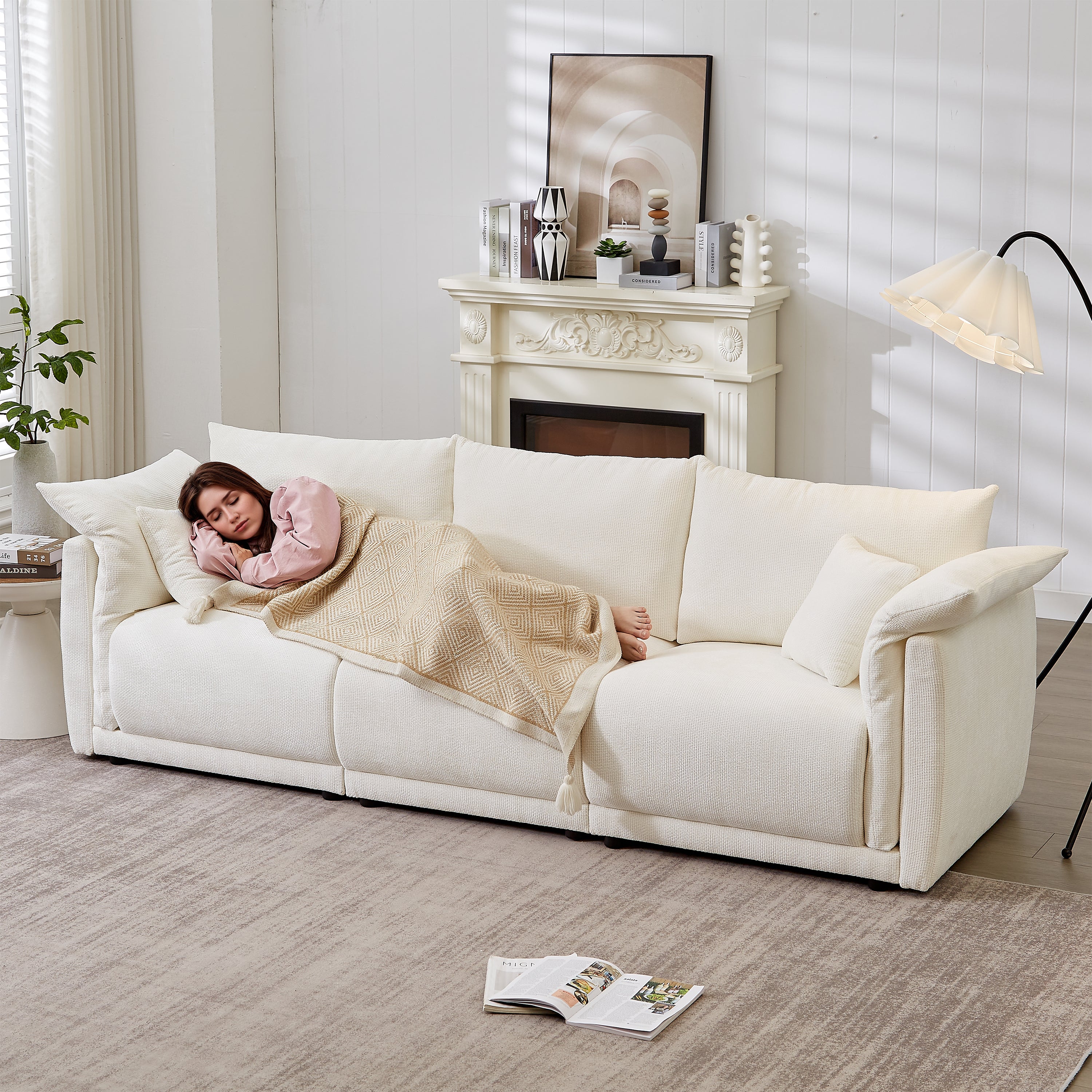 98.5" Contemporary 3-Seater Sofa – Beige Linen Couch with Soft Arm Pillows & Cushions, for Living Room, Bedroom, or Office