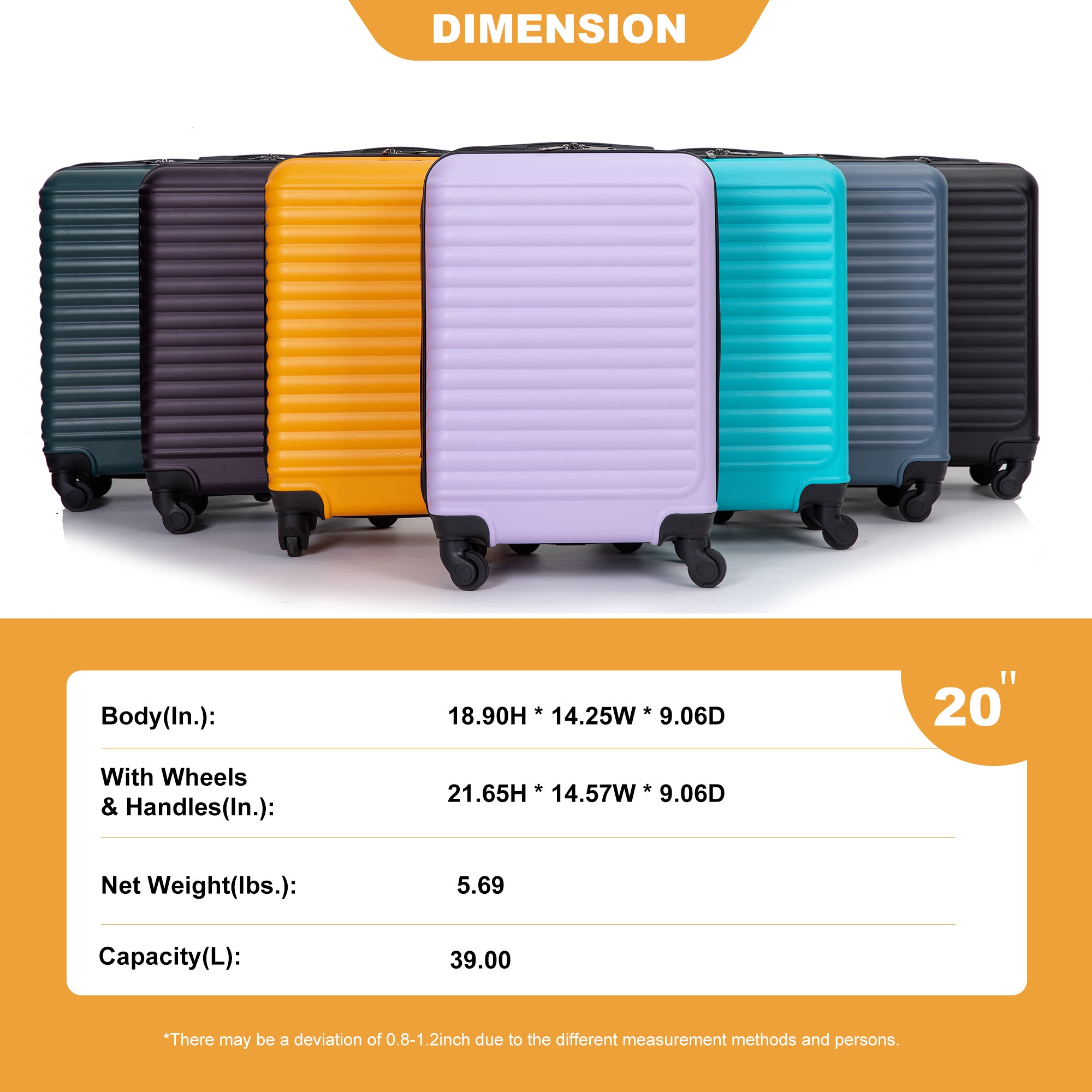 Lightweight 20' Carry On Luggage, Spinner Wheels, Orange, ABS, Compact Size