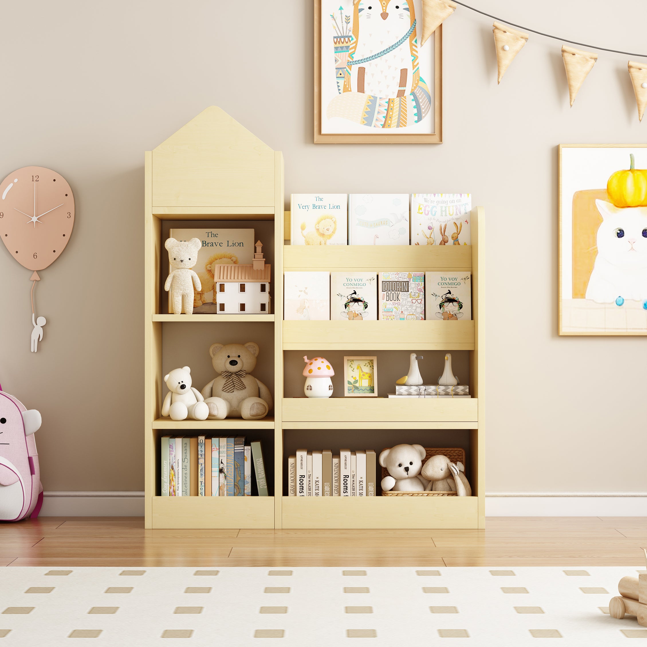 Wooden Kids Bookshelf & Toy Storage Organizer – 6-Compartment Kid’s Bin Storage Unit with 2 Basket Bins, Multi-Shelf Cubby for Books & Toys
