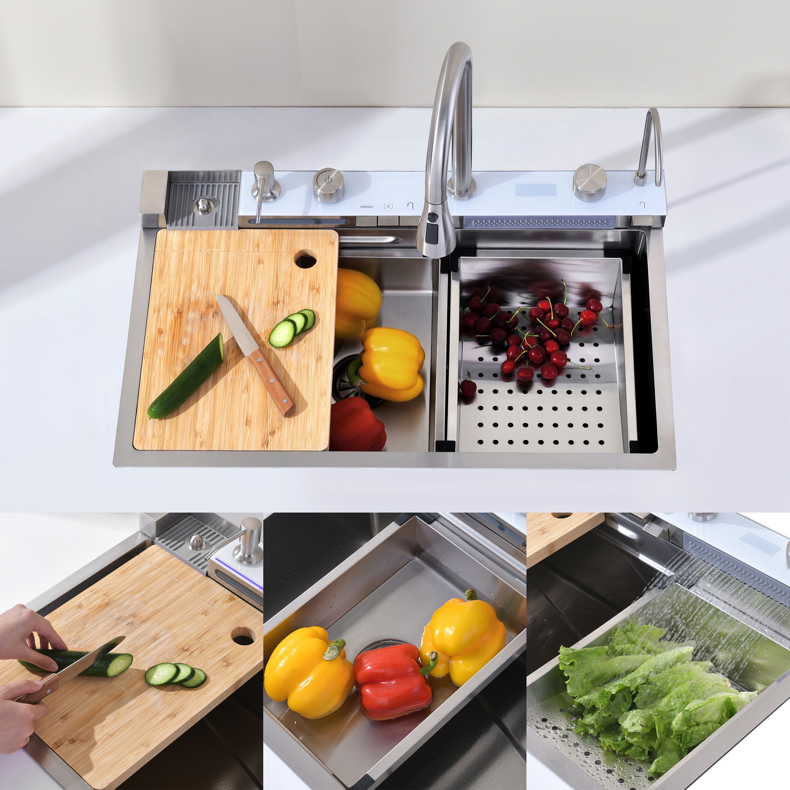 Dark Gray 304 Stainless Steel Sink with Pull-Out Faucet | Whale Waterfall Single Bowl Kitchen Sink