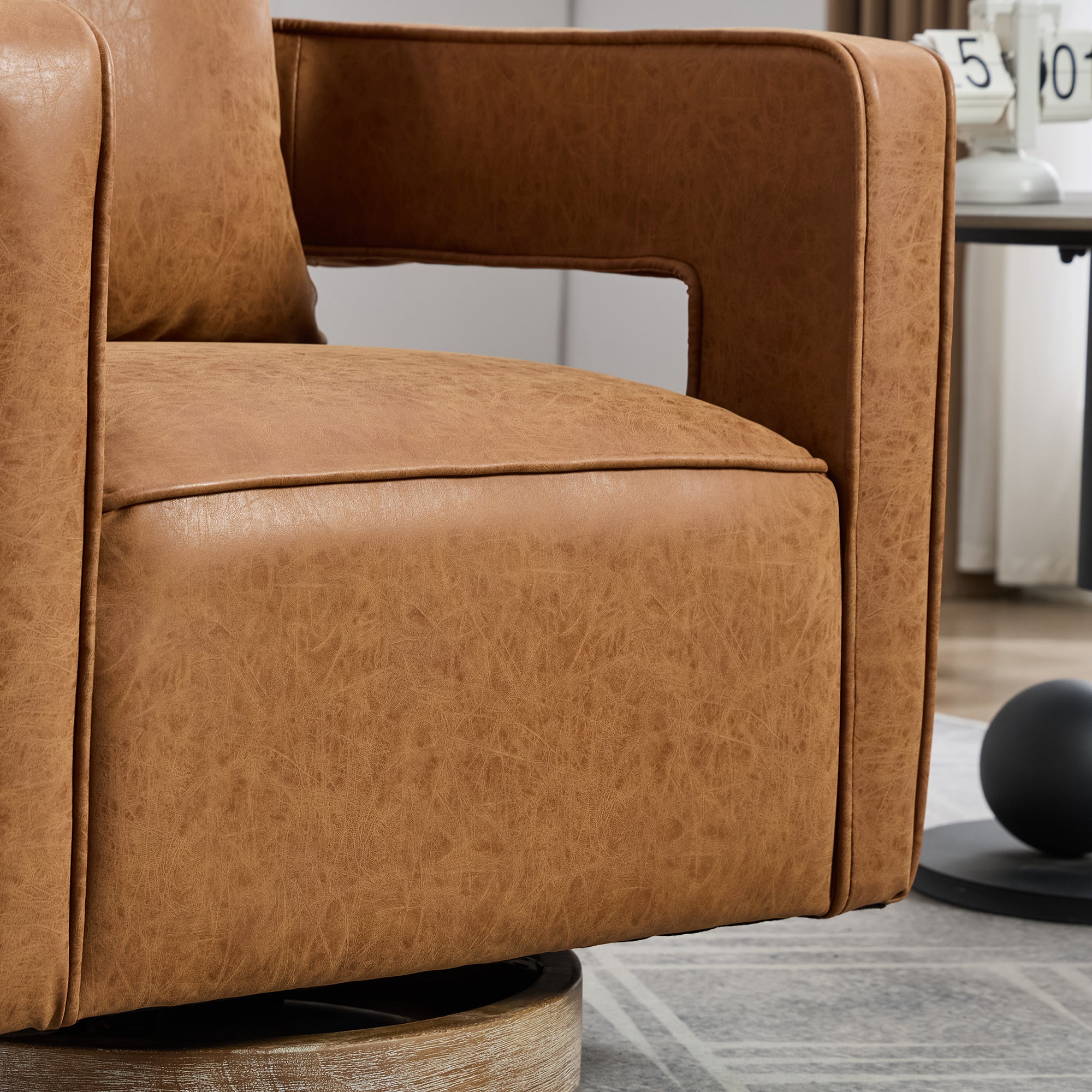 29.1"W Swivel Barrel Accent Chair – Modern PU Leather Open Back Club Chair with Weathered Base, Brown, for Living Room, Bedroom, Office, Lounge