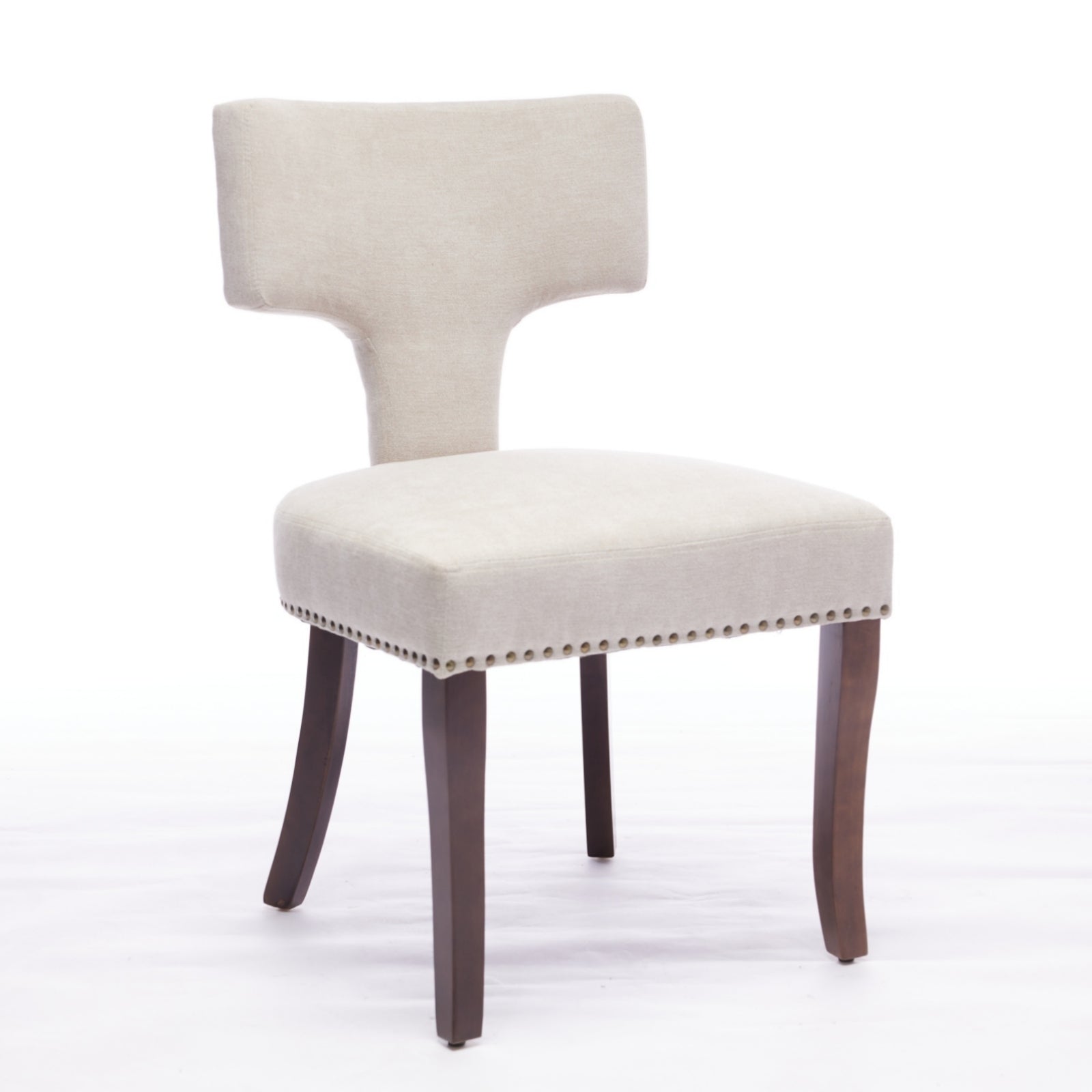 Mid Century Modern Dining Chairs Set of 2, Farmhouse Linen Fabric Upholstered Accent Chair Curved Backrest with Copper Nails around,Kitchen Chairs with Hardwood Frame, Beige