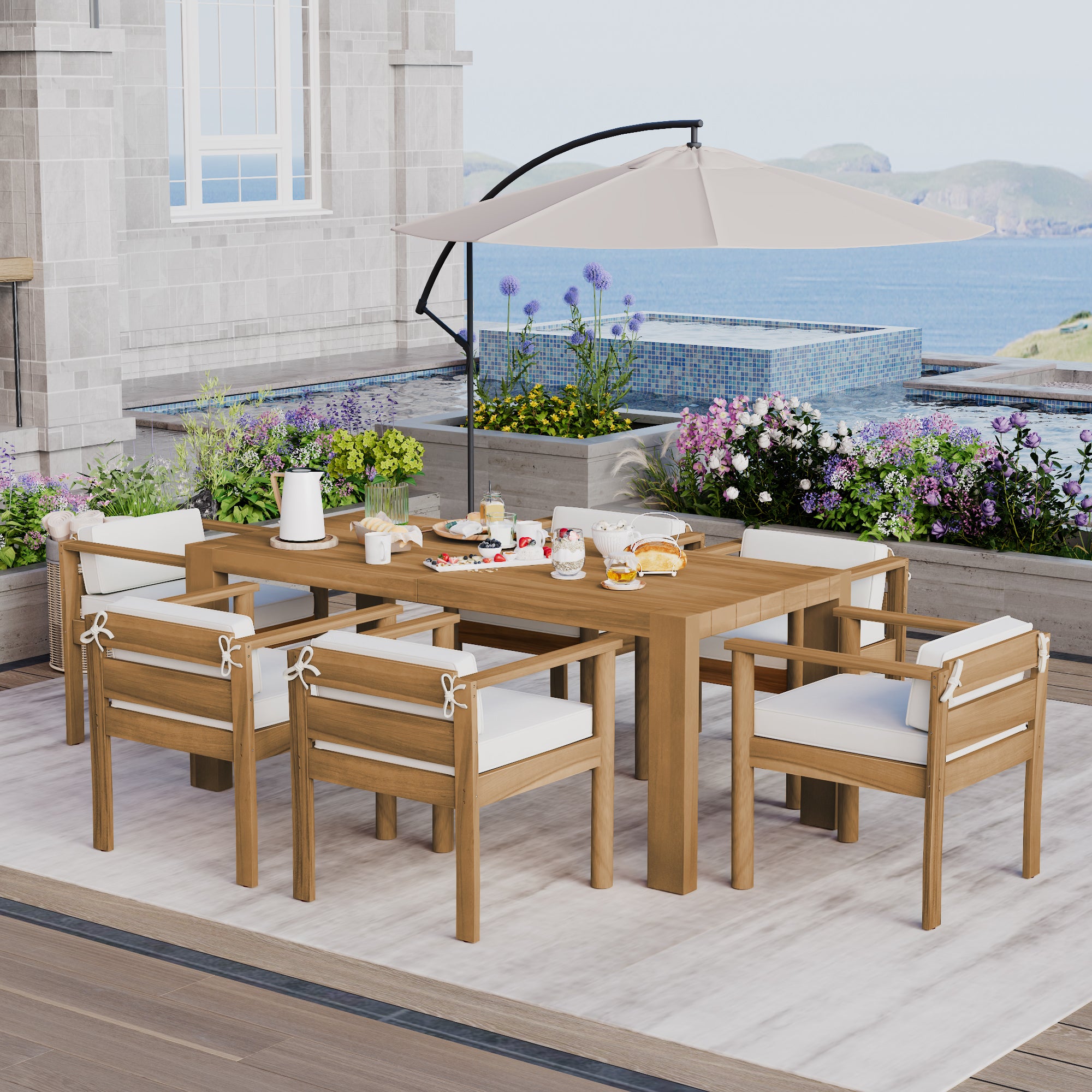 TREXM 7-Piece Patio Dining Table Set for 6,Outdoor Furniture Sets with 72.8'Rectangle Table,Patio Table and Chairs Set with Removable Cushions for Backyard,Garden,Poolside(Light Teak+Beige Cushion)