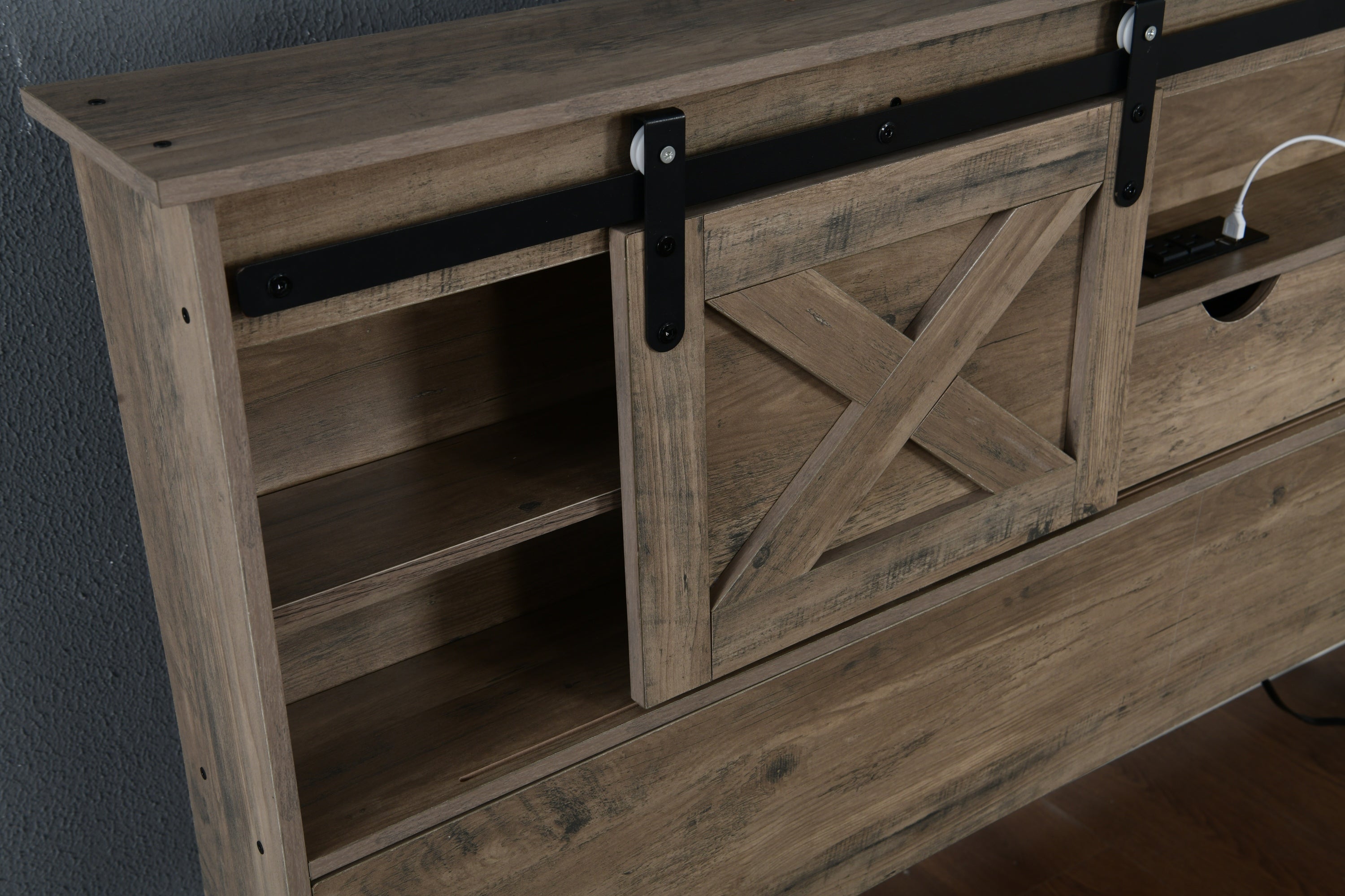 Farmhouse Queen Bed Frame with LED Lights & Charging Station | Wooden Bed with 2 Storage Drawers & Rustic Headboard with Sliding Barn Door Storage Cabinets