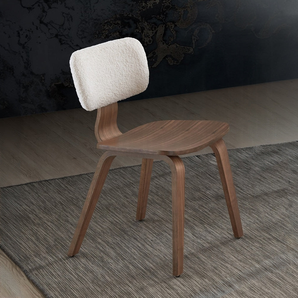  Product Description (~300 words):
Elevate your dining space with this Set of 2 Walnut Finish Side Chairs, designed with a perfect blend of modern elegance and ergonomic comfort. Featuring a curved backrest and plush white boucle upholstery, these dining chairs add a touch of luxury and sophistication to any room.

Crafted from solid wood with a rich walnut finish, the frame ensures long-lasting durability and natural warmth. The ergonomic backrest provides excellent support, making these chairs ideal for e