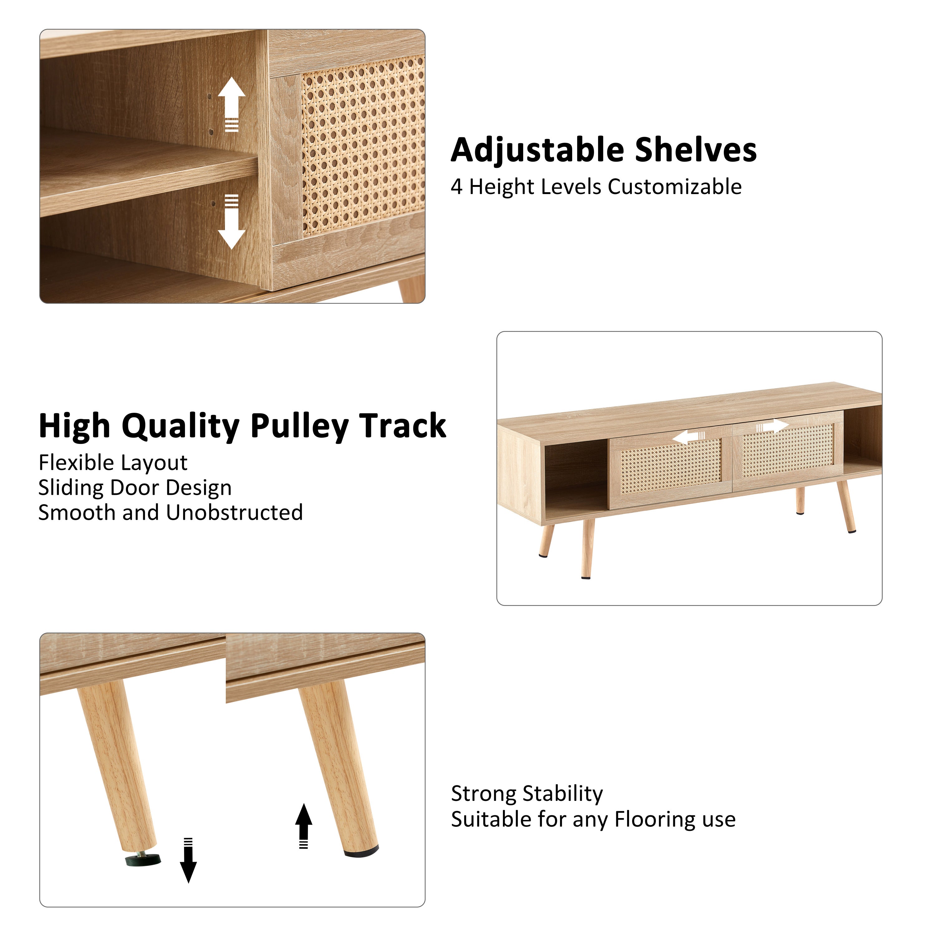 55.12" Rattan TV Cabinet with Double Sliding Doors, Adjustable Shelf & Solid Wood Legs – TV Console for Living Room, Natural