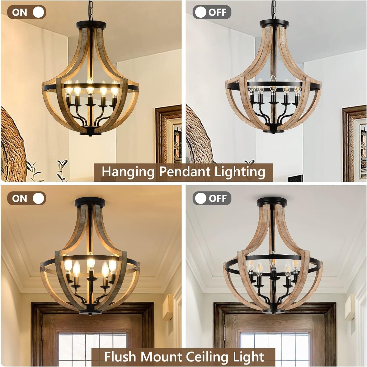 19" Farmhouse Chandelier Light Fixture, 5-Light Dining Room Ceiling Light, Solid Wood Modern Pendant for Kitchen Island, Living Room, Bedroom, Foyer, Adjustable Height, Brown