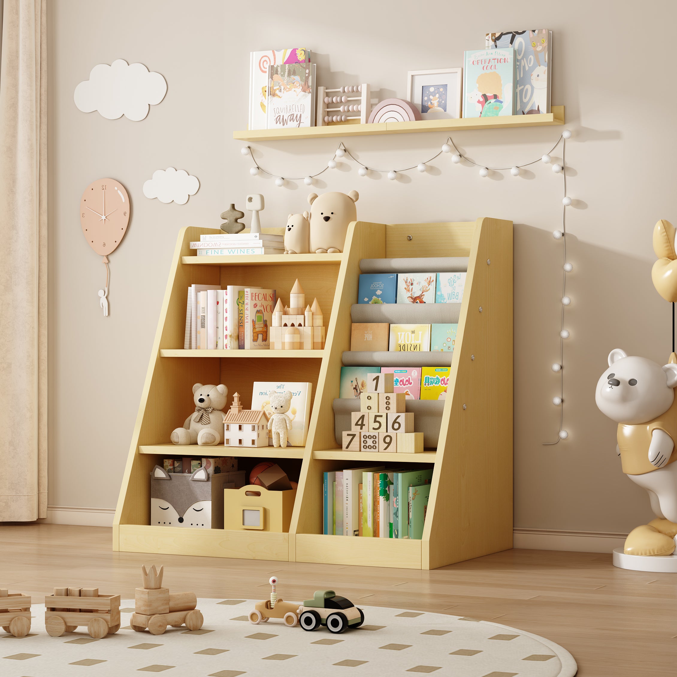 Wooden Toy Storage Organizer Cabinet – Natural Wood Kids Bookshelf, Adjustable Sling Book Rack for Playroom, Bedroom, Nursery, Hallway, and Kindergarten