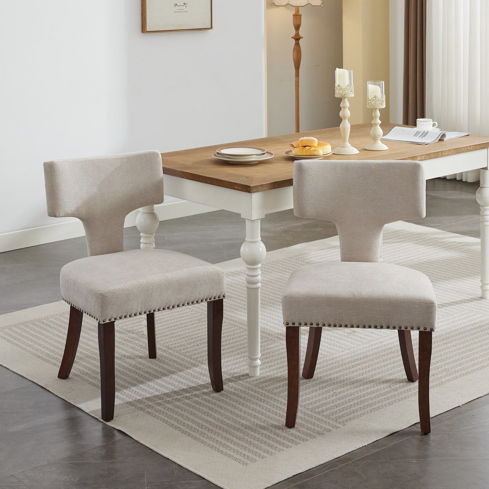 Mid Century Modern Dining Chairs Set of 2, Farmhouse Linen Fabric Upholstered Accent Chair Curved Backrest with Copper Nails around,Kitchen Chairs with Hardwood Frame, Beige