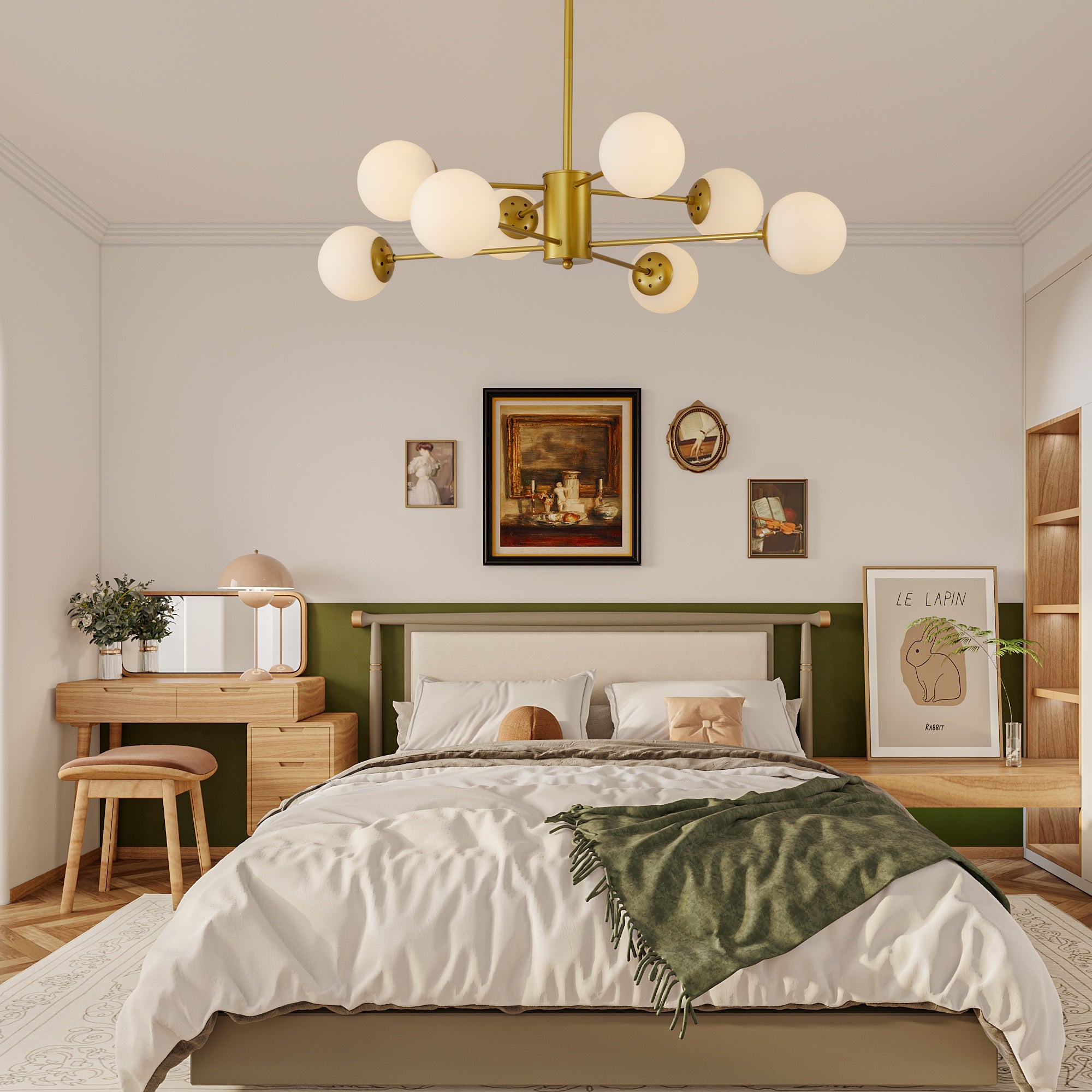 35' Modern 8-Light Gold Chandelier with White Glass Globe Shades, Mid-Century Branching Design, Elegant Ceiling Light Fixture for Dining Room, Living Room, or Bedroom (No Bulbs)