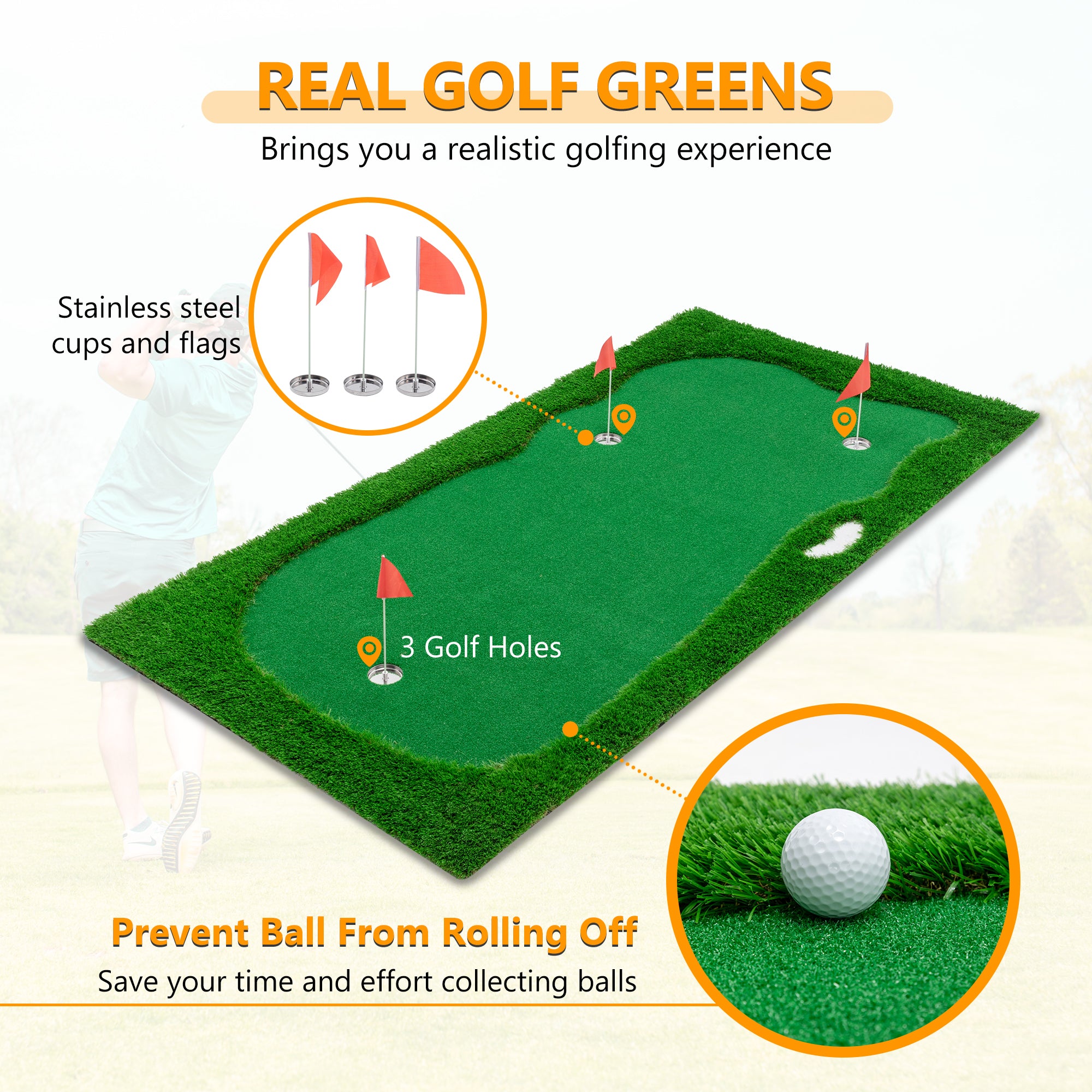 10x5 FT Golf Putting Green, Golf Training Mat with High-quality Turf, 3 Holes, 3 Flags and Cups for Indoor Outdoor