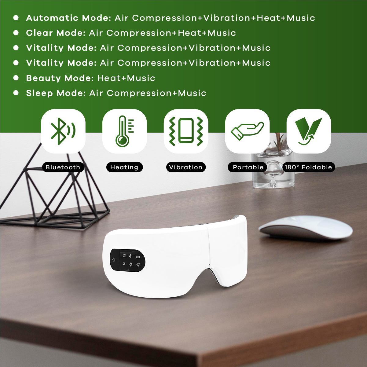 SQ Eye Massager with Heat and Vibration Compression – Rechargeable Bluetooth Music
