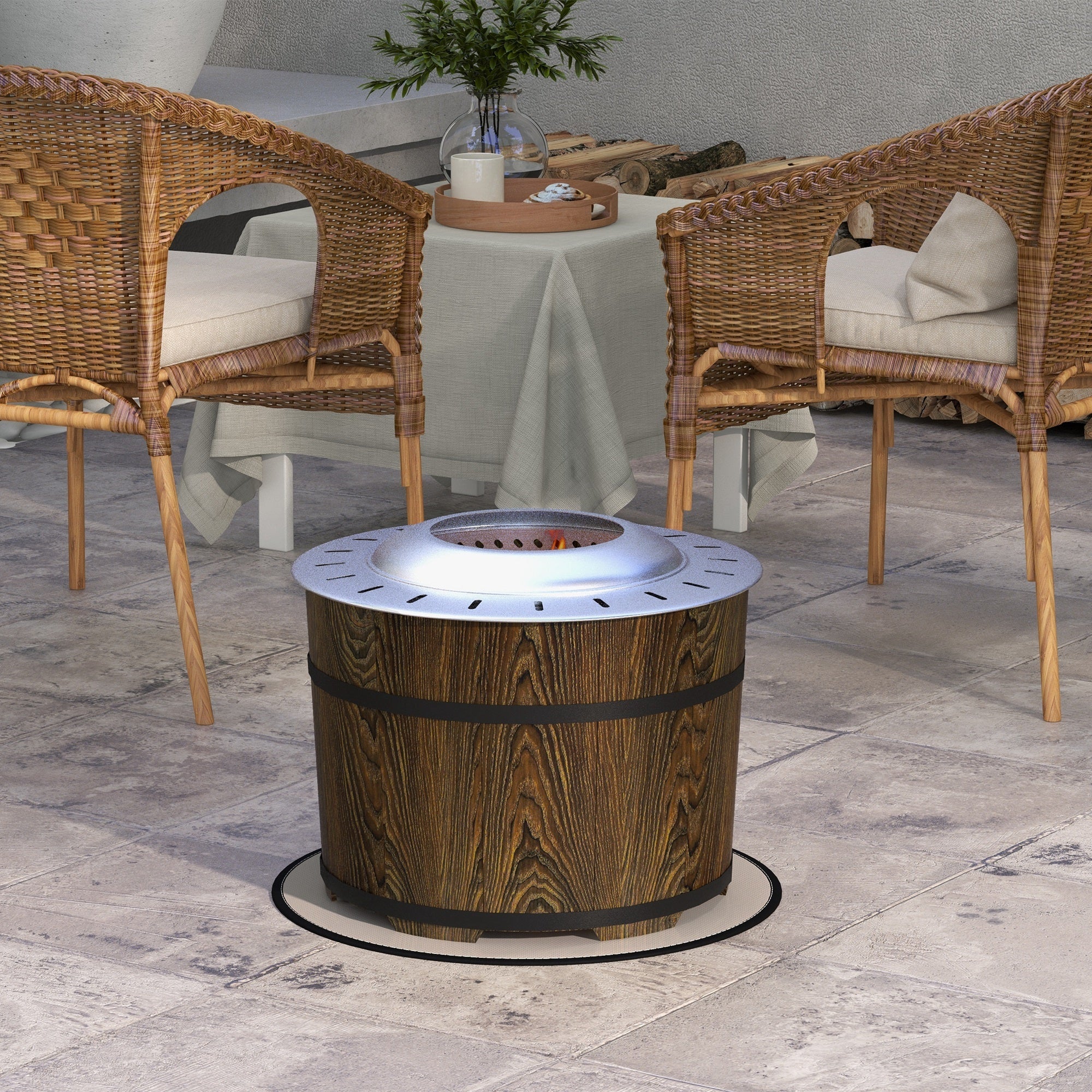 Outsunny Smokeless Fire Pit with Fireproof Mat, 20' Barrel Style Portable Wood Burning Firepit, Magnesium Oxide Low Smoke Camping Bonfire Stove for Backyard, Patio, Picnic, Brown
