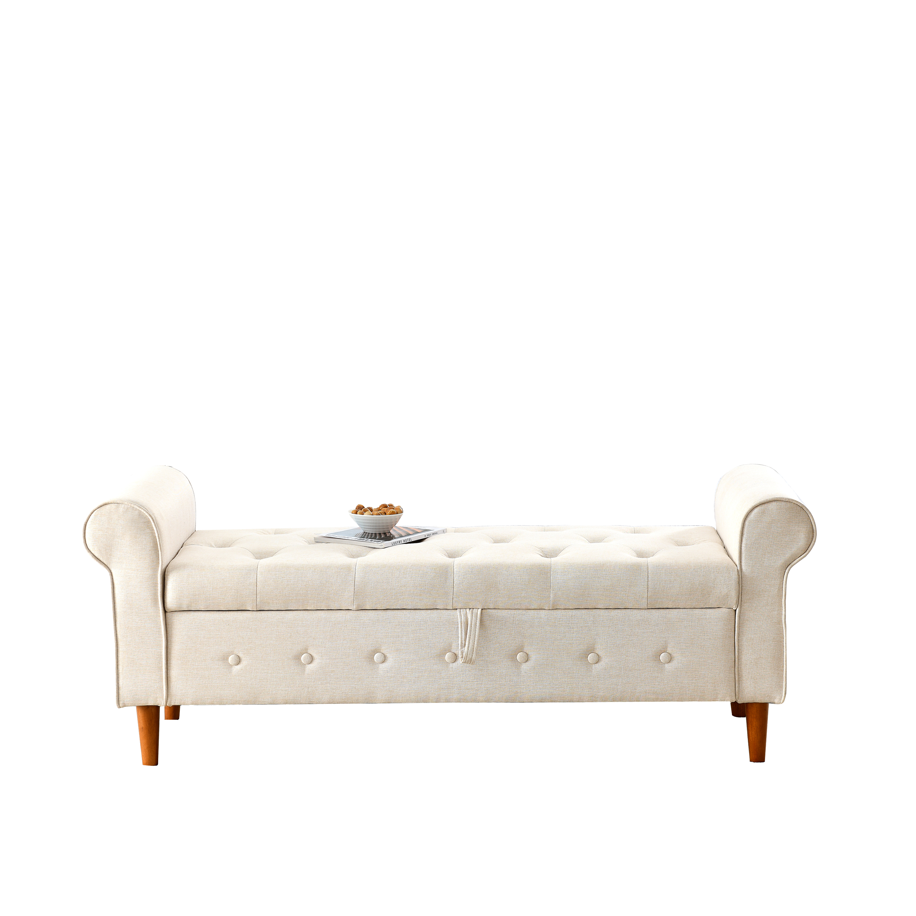 62" Bedroom Tufted Button Storage Bench, Modern Fabric Upholstered Ottoman, Window Bench, Rolled Arm Design for Bedroom, Living Room, Foyer (Beige)
