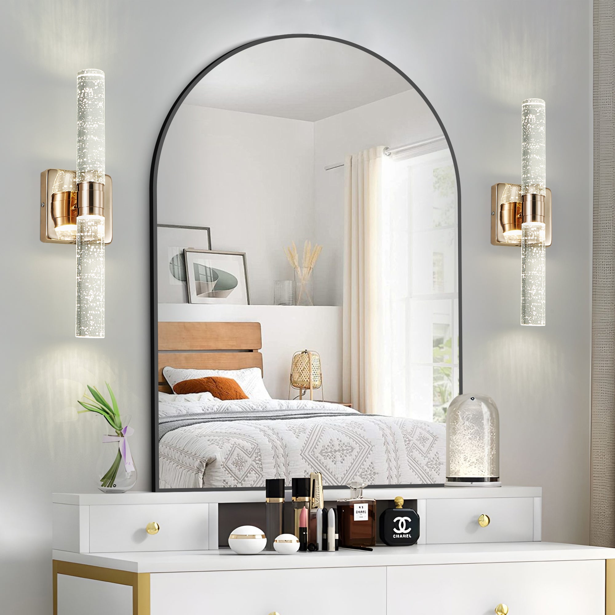 Contemporary Crystal Wall Light Sconce, 2-Light Gold-Plated Fixture with Bubble Crystal for Bathroom, Bedroom, Hallway – Modern Indoor Lighting