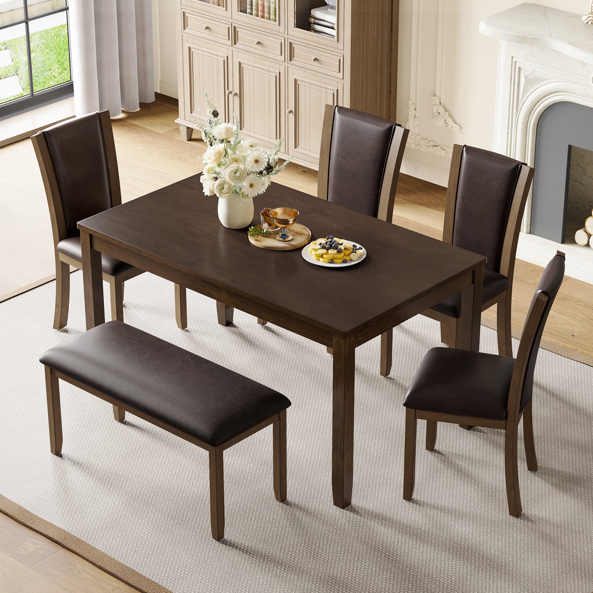6-Piece Wooden Dining Table Set | Farmhouse Rustic 6 Person Dining Set with Bench & Chairs (Dark Walnut)