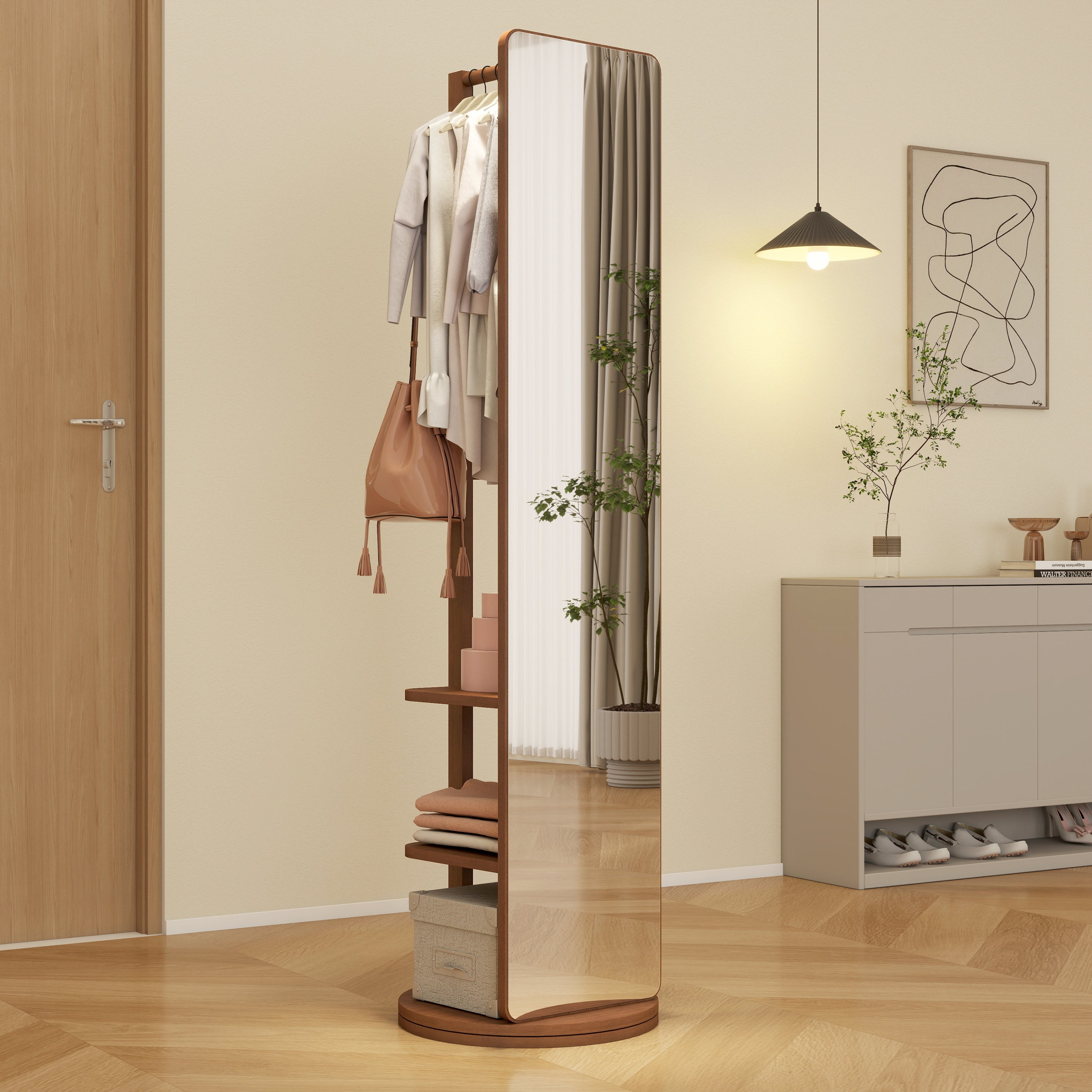 Full-body mirror, solid wood + rubber wood + glass, 19.6*68.8in(mirror width:15.7in) Large mirror for viewing the whole body, easy to dress and tidy up and place in the bedroom/living room (Walnut)