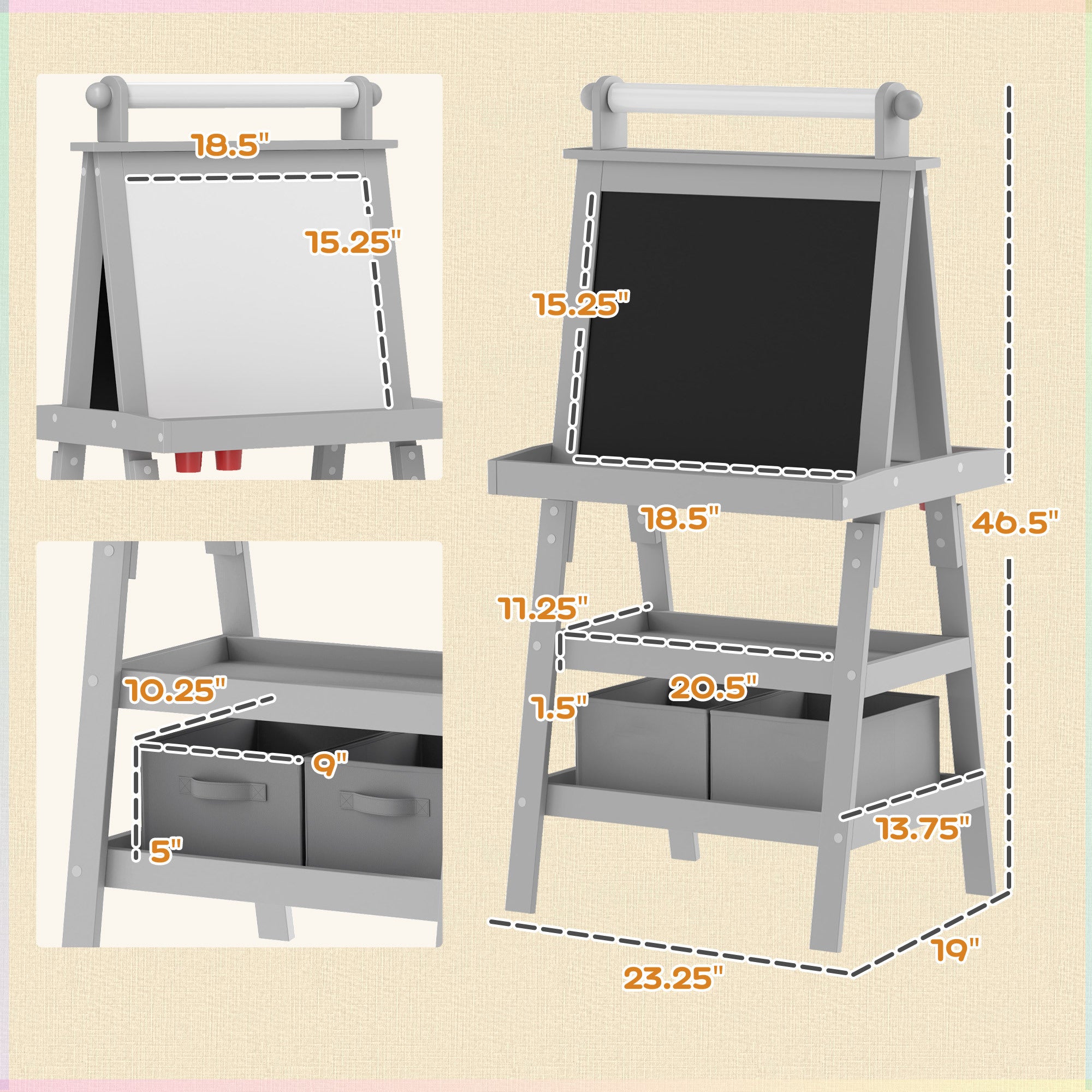 Qaba Double-Sided Kids Art Easel | Magnetic Whiteboard, Chalkboard & Paper Roll (Gray)