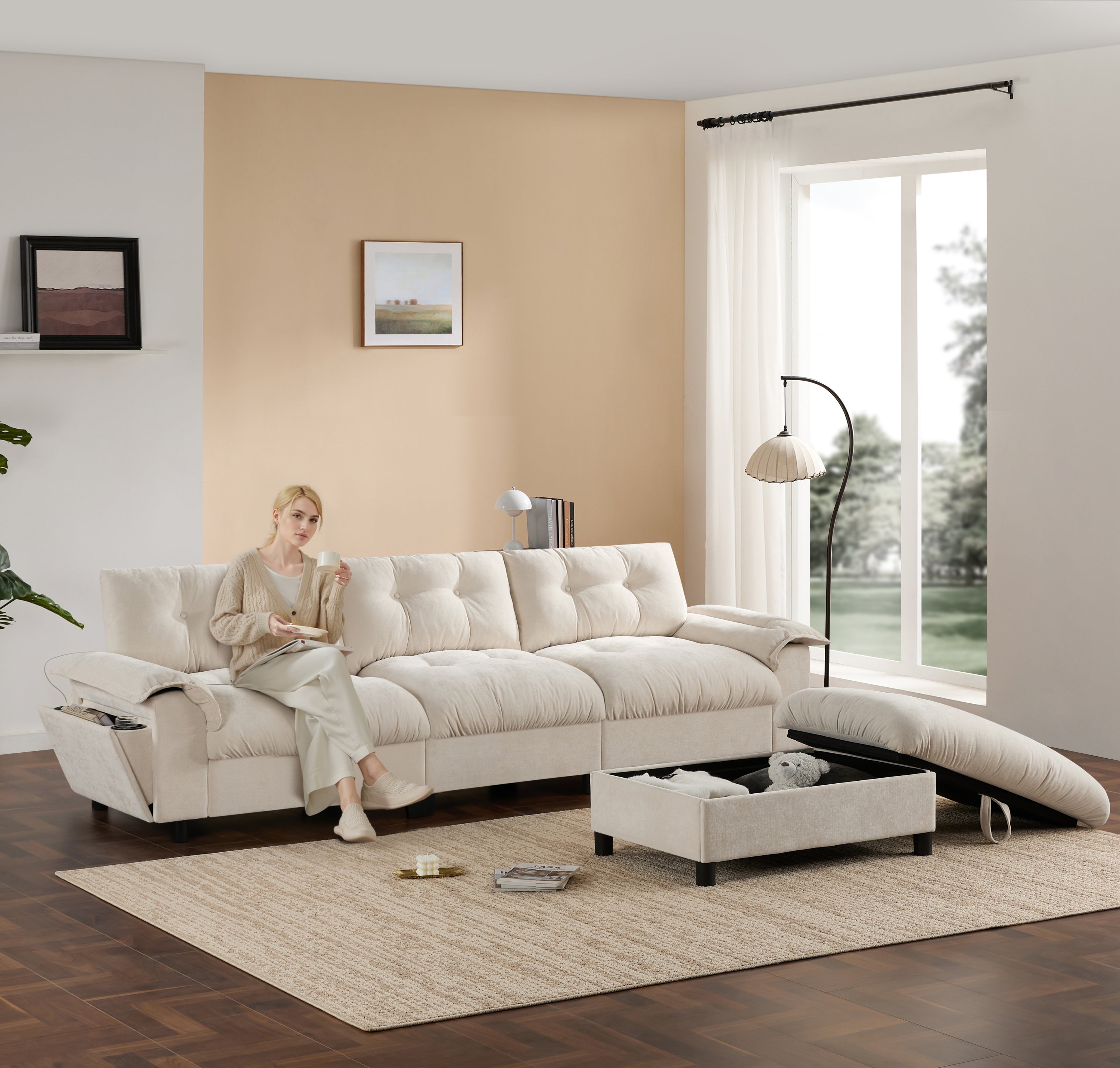 [VIDEO]104*60' Sectional Sofa, L-Shape with Multifunctional Armrest, Dual-Port Charging, Cup Holder, Side Storage Pockets, Movable Storage Ottoman, Unique Tufted Design, Soft Cushion, Chenille,3colors
