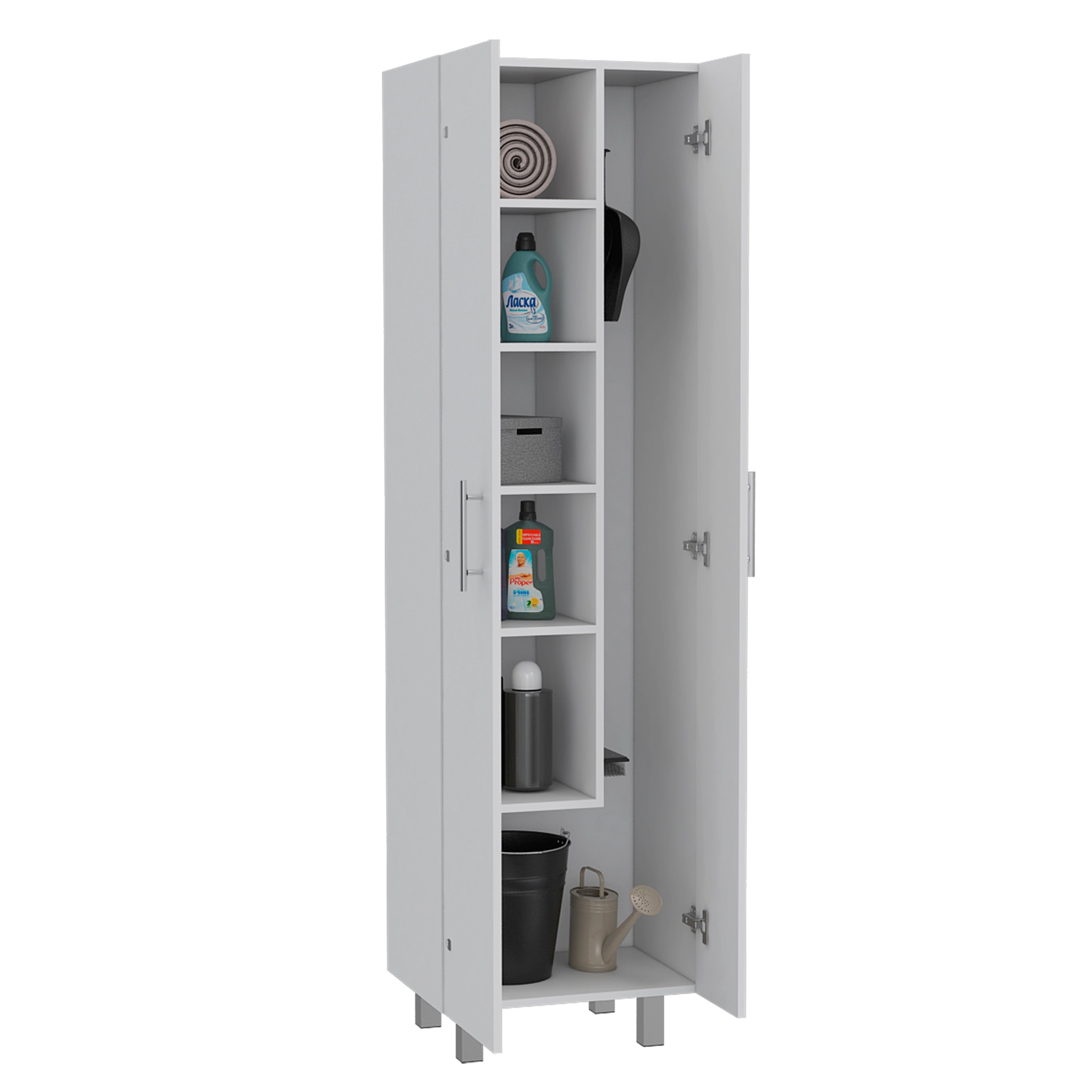 Cleaning Cabinet with Five Shelves and Broom Hangers, White