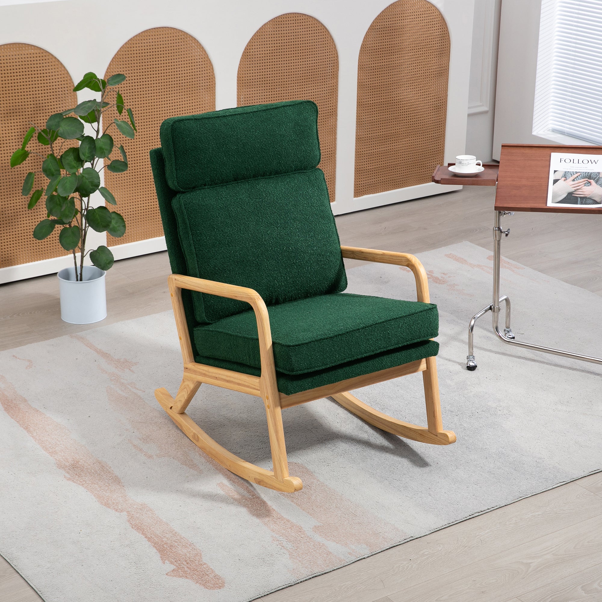 25.2"W Modern Rocking Chair Accent Lounge Armchair, Comfy Bouclé Upholstered High Back Wooden Rocker for Nursery, Living Room, Baby Kids Room, Bedroom, Green
