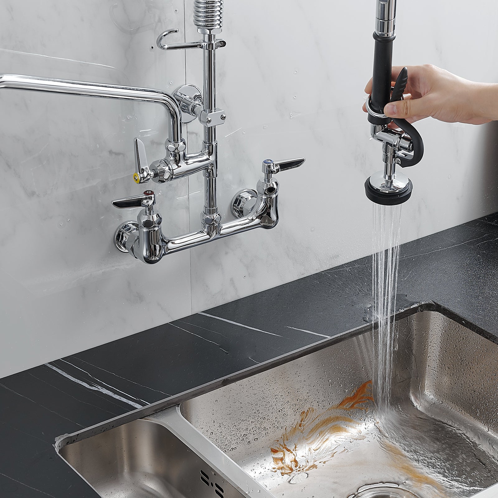 Commercial Deck Mount Kitchen Faucet with Pre-Rinse Sprayer | 8-Inch Center, 21" Height with 10" Add-on Spout