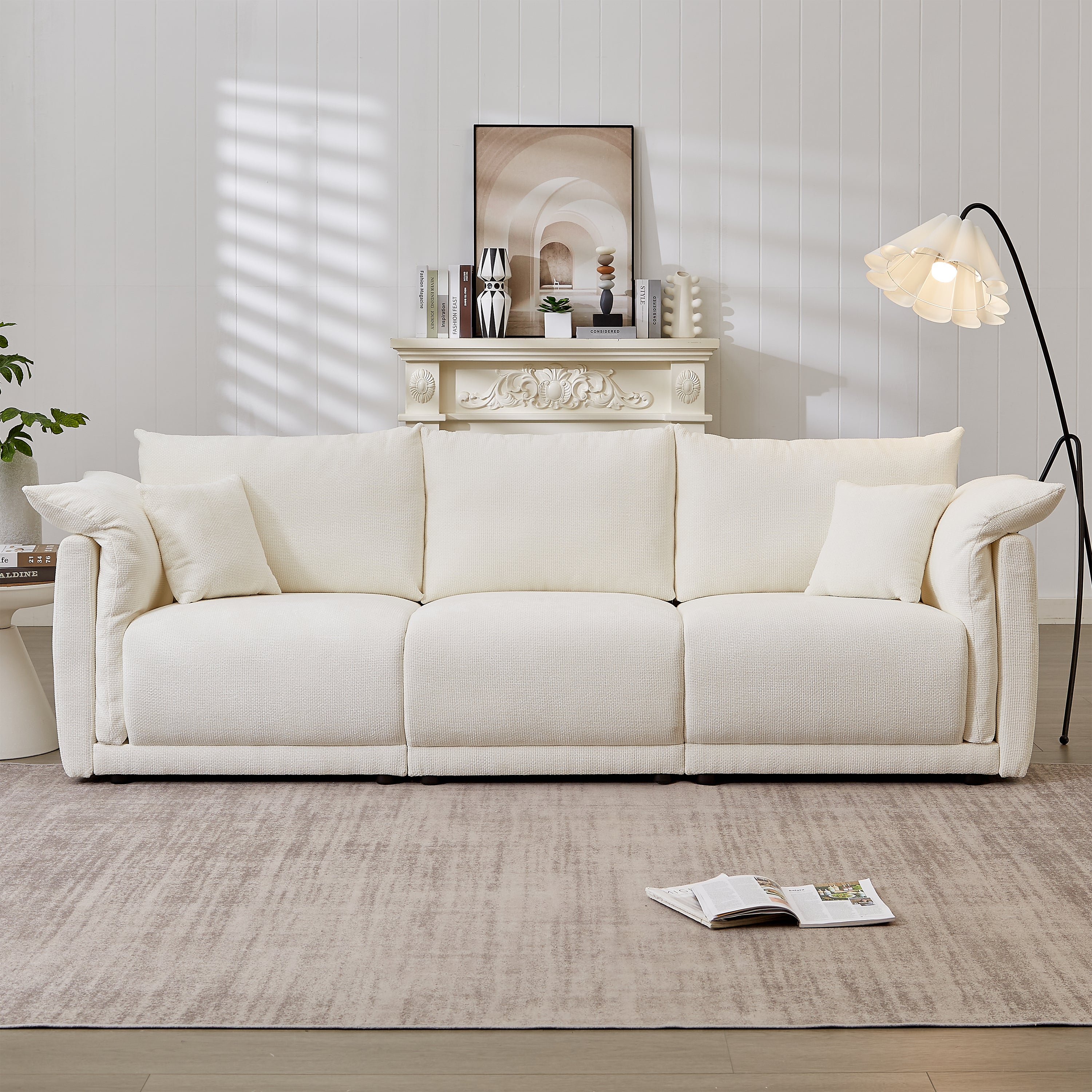 98.5" Contemporary 3-Seater Sofa – Beige Linen Couch with Soft Arm Pillows & Cushions, for Living Room, Bedroom, or Office