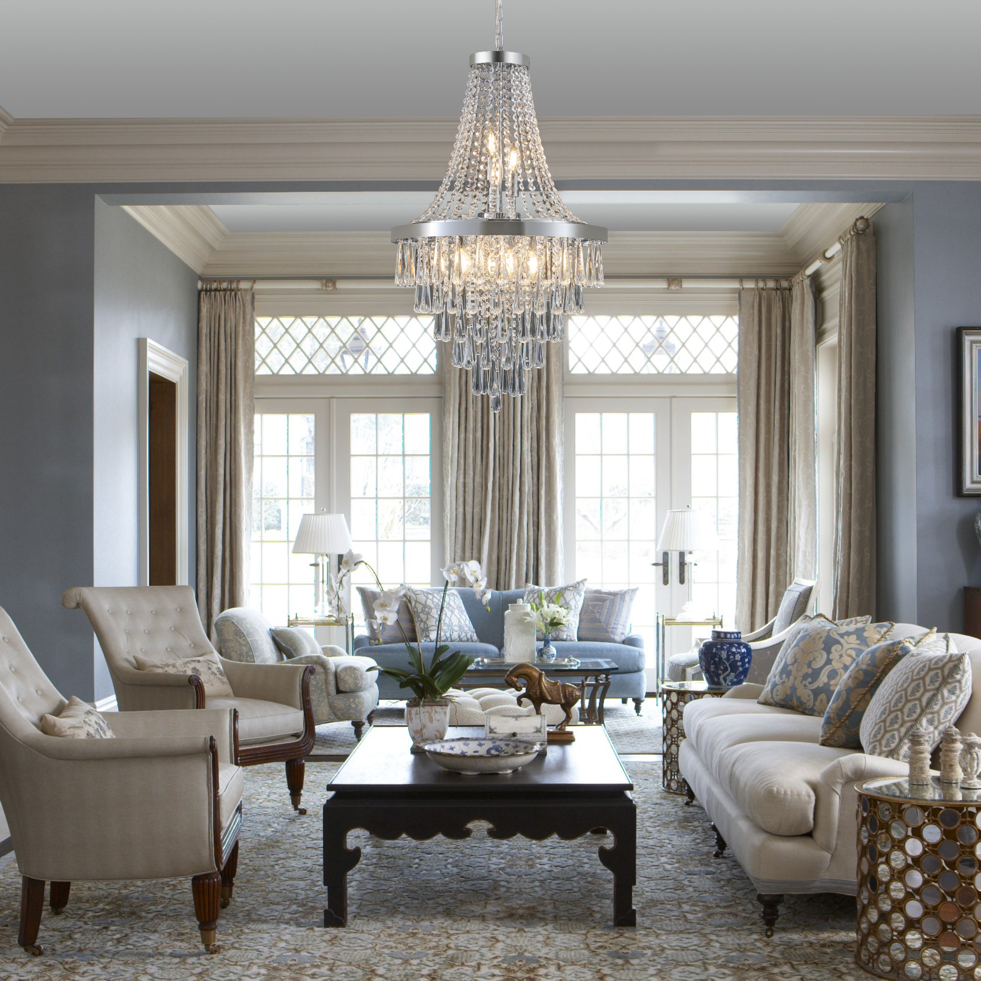 20" Chrome Crystal Chandelier - Modern Adjustable Ceiling Light