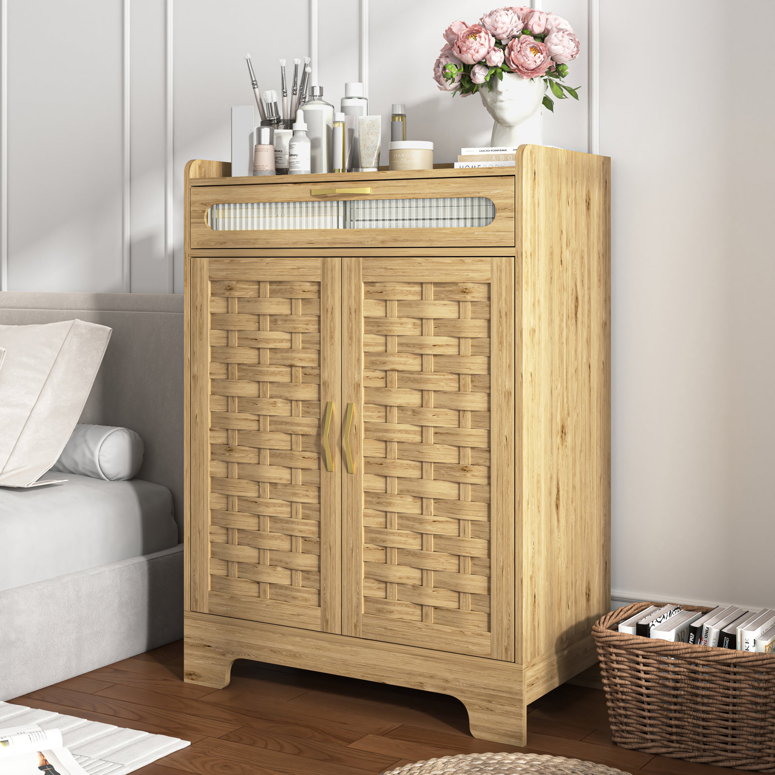Coffee Bar Cabinet, Modern Farmhouse Buffet Sideboard with Drawer & Adjustable Shelf, Barn Door Storage for Kitchen, Dining Room, Bathroom, Entryway