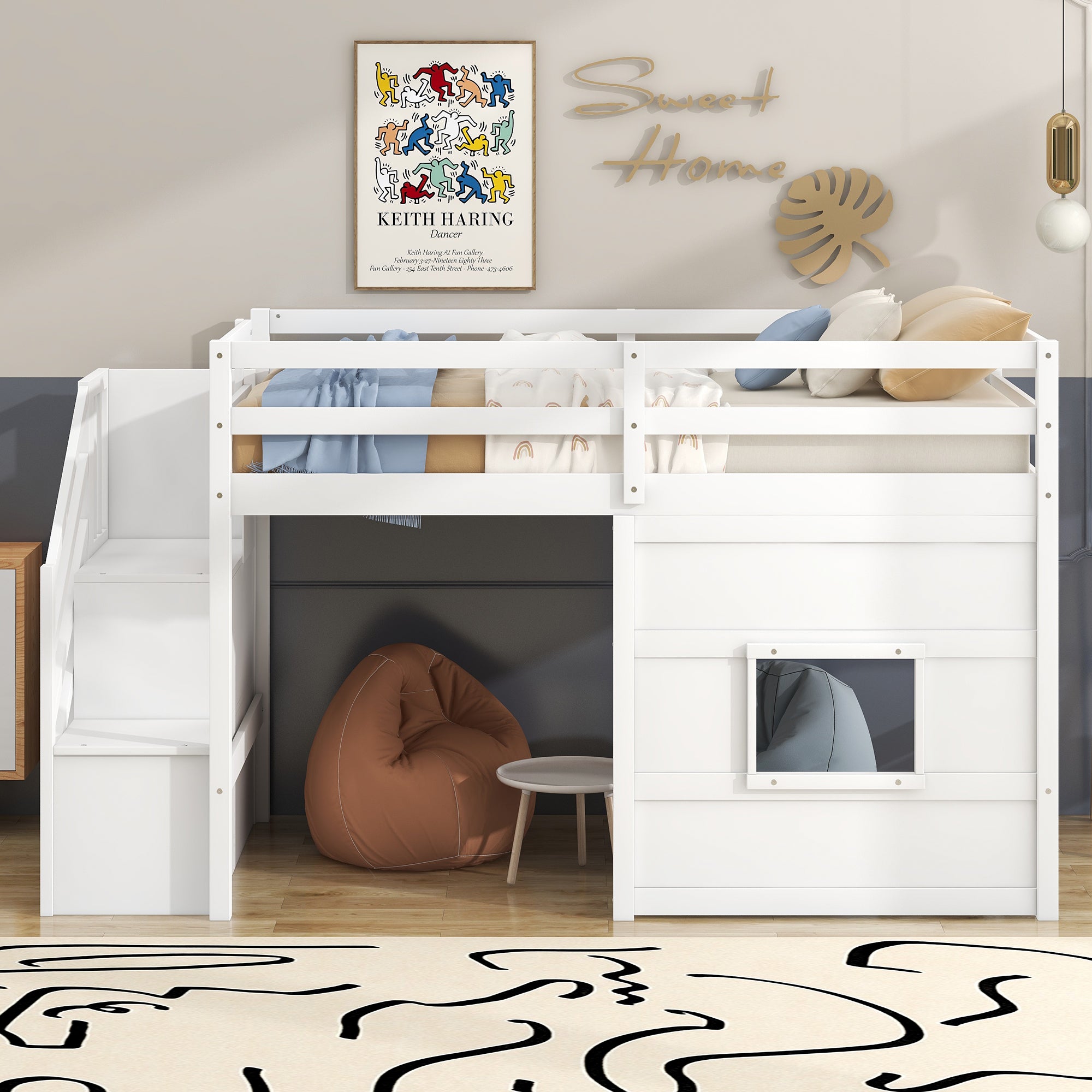 Twin Size Loft Bed with Storage Staircase and Window, With LED Light, White