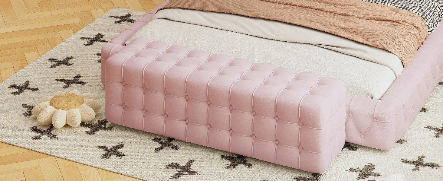 All Covered Velvet Upholstered Ottoman, Rectangular Footstool, Bedroom Footstool, No Assembly Required, Elegant and Luxurious, Pink
