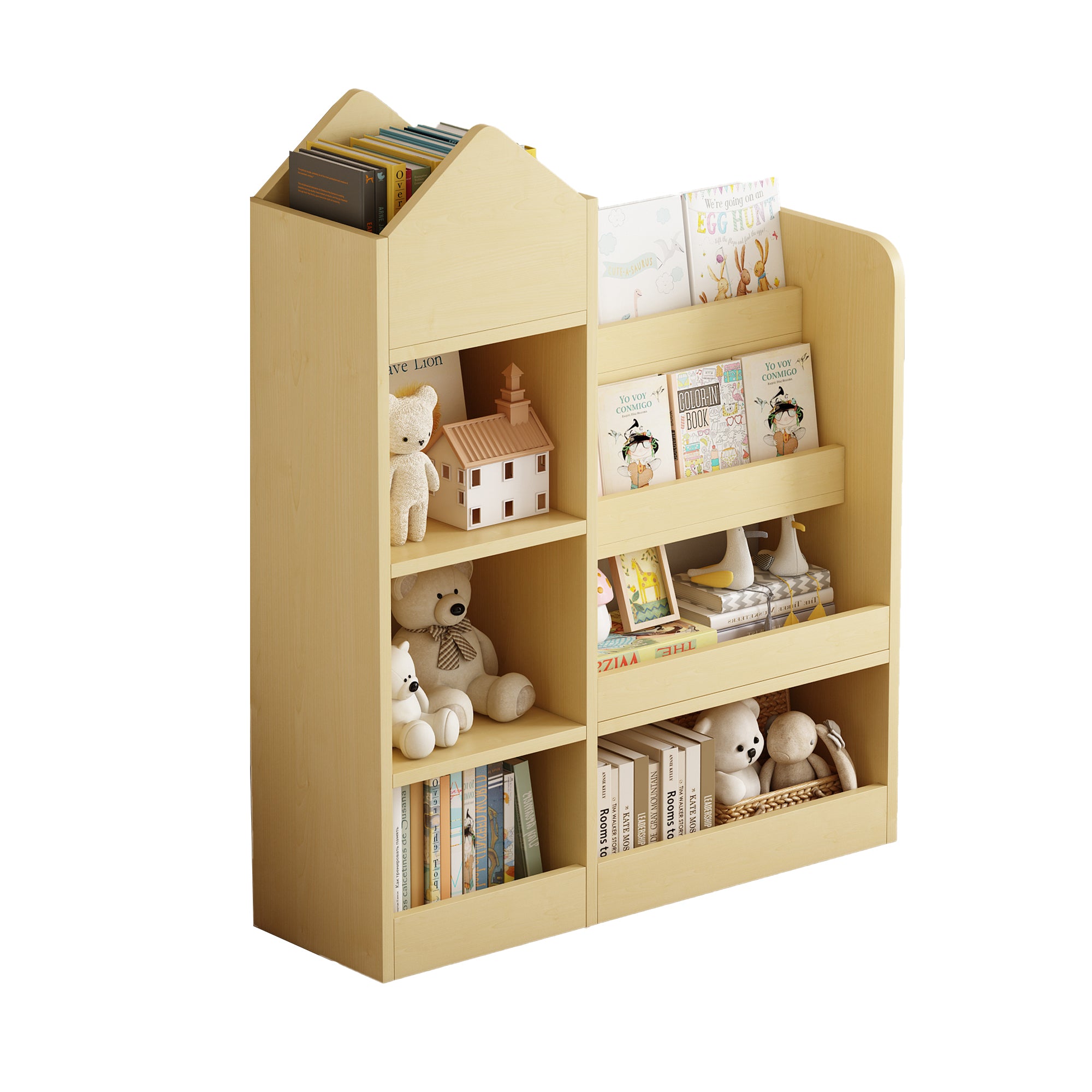 Wooden Kids Bookshelf & Toy Storage Organizer – 6-Compartment Kid’s Bin Storage Unit with 2 Basket Bins, Multi-Shelf Cubby for Books & Toys
