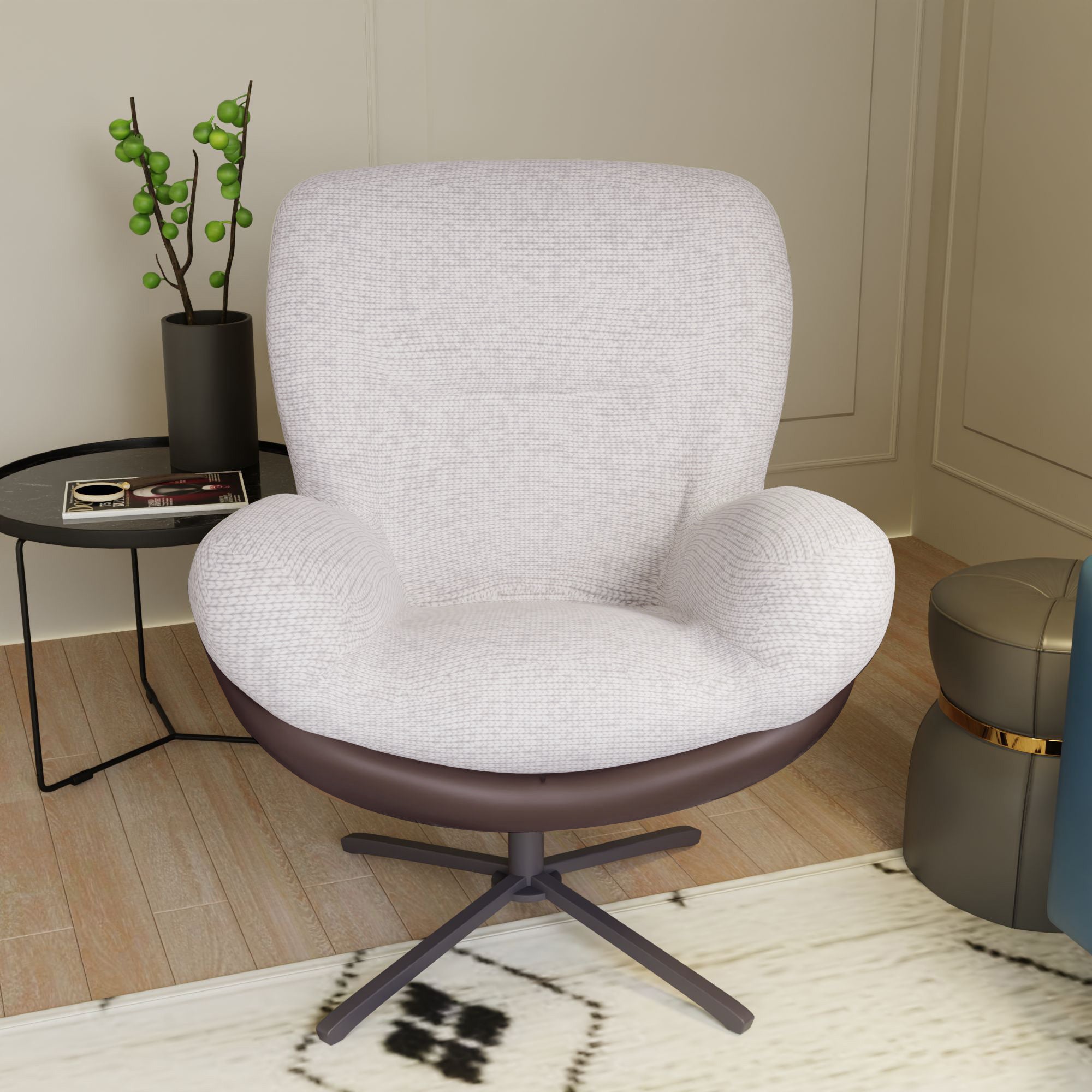 360° Swivel Office Chair, Modern Chenille Chair with Faux Leather and Black Metal Base Frame, No Wheels, Accent Chair for Small Spaces, Living Room, Bedroom, Reading Corner, Office (White)