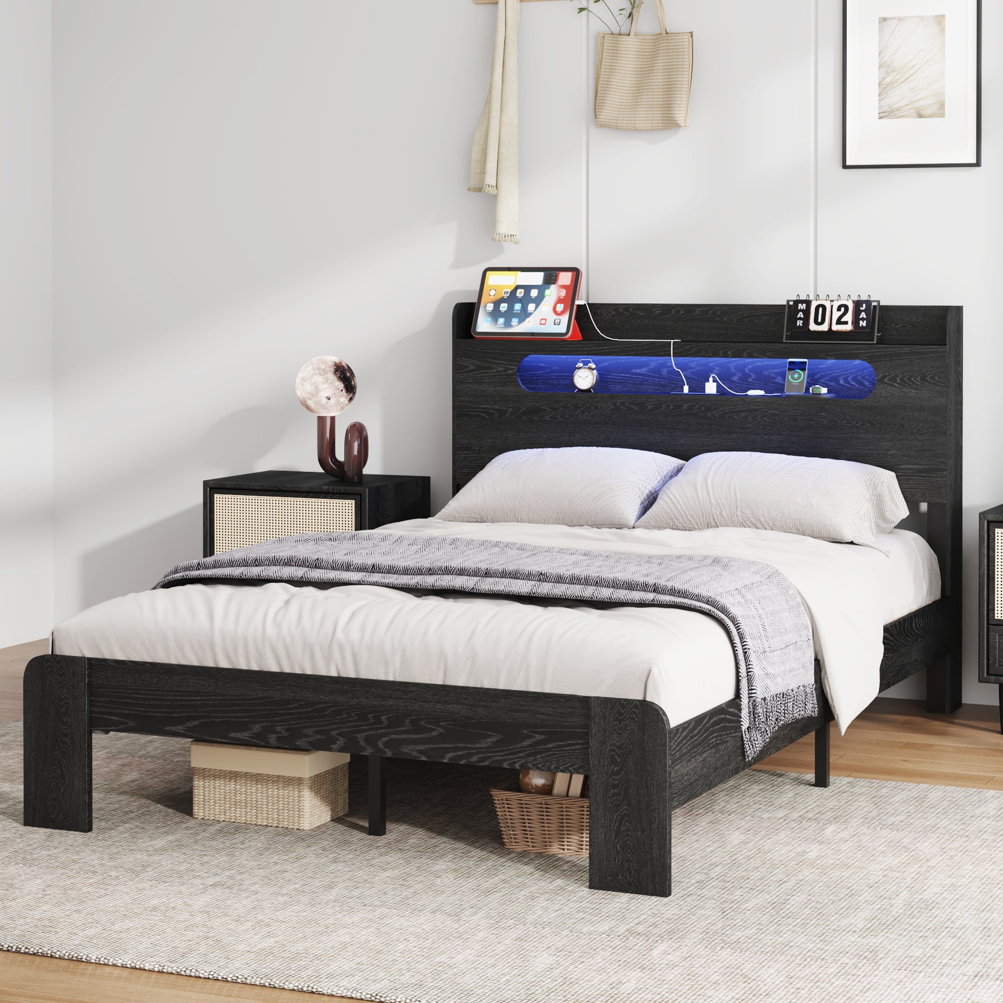 Queen Size Wood Platform Bed - LED Headboard, USB, Storage,