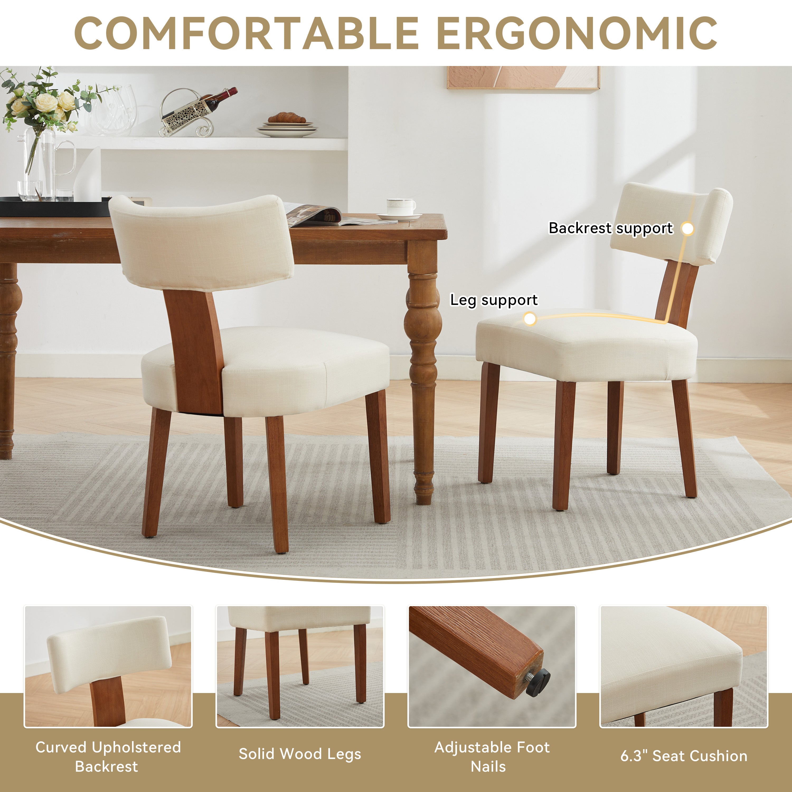 064-Set of 2 Linen Fabric Modern Armless Dining Chairs With Curved backrest and Solid Wooden Legs for Dining Room Living Room ,Beige