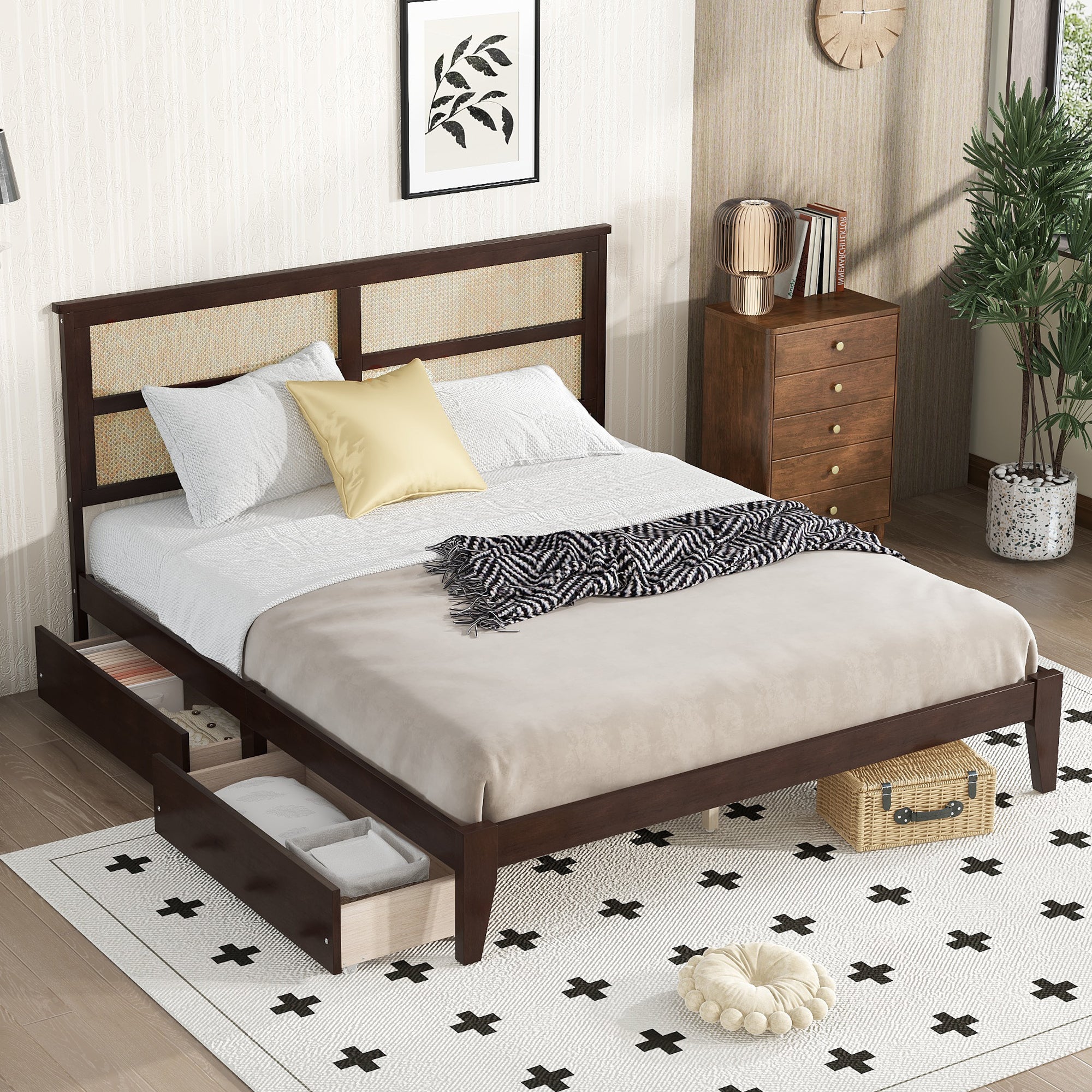 King Size Bed with Rattan Headboard, 2 Storage Drawers | Espresso Rubber Wood