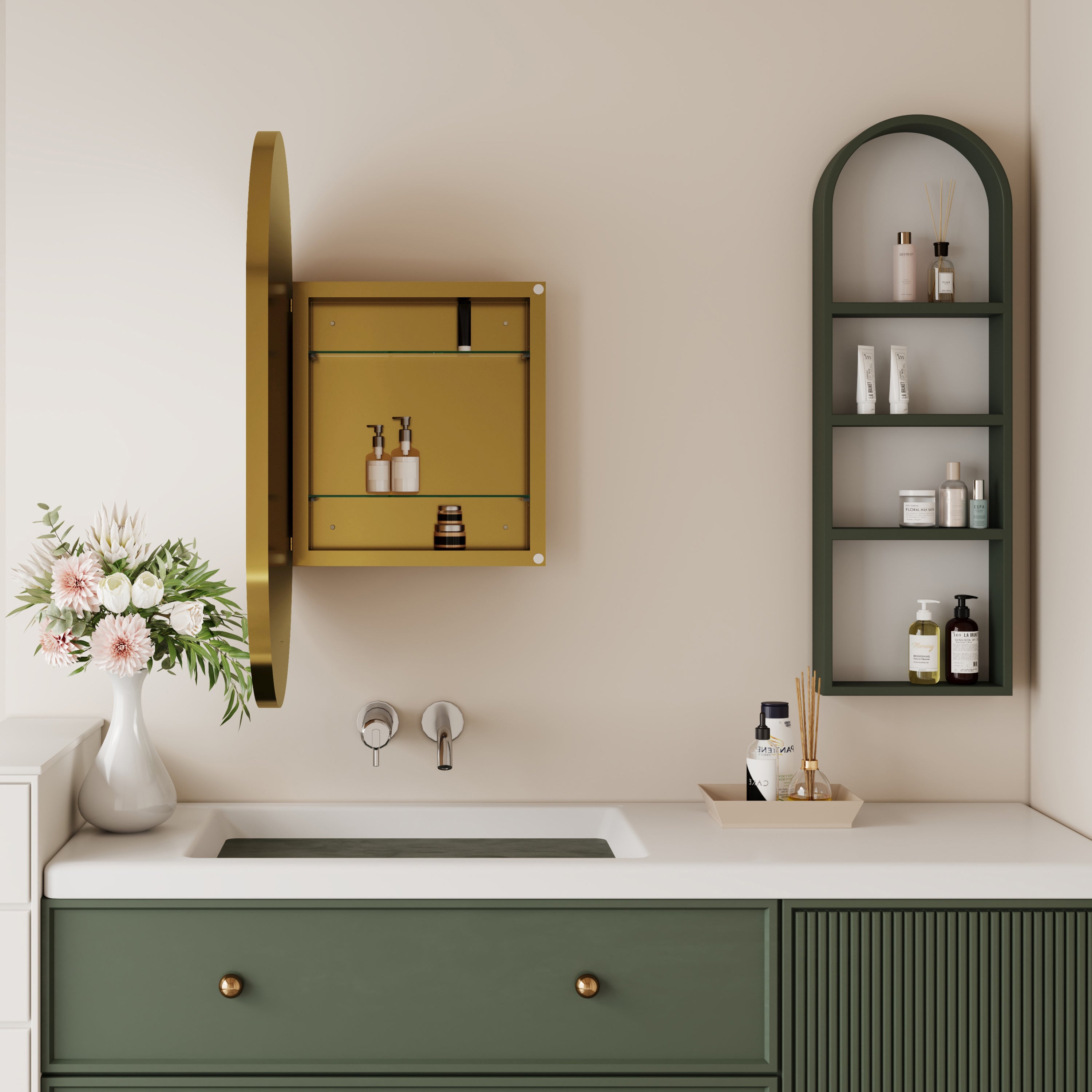 20x34" Oval Recessed Medicine Cabinet, Metal Framed Bathroom Wall Cabinet with Mirror, Adjustable Shelves, Matte Gold Wall Mirror with Storage for Bathroom