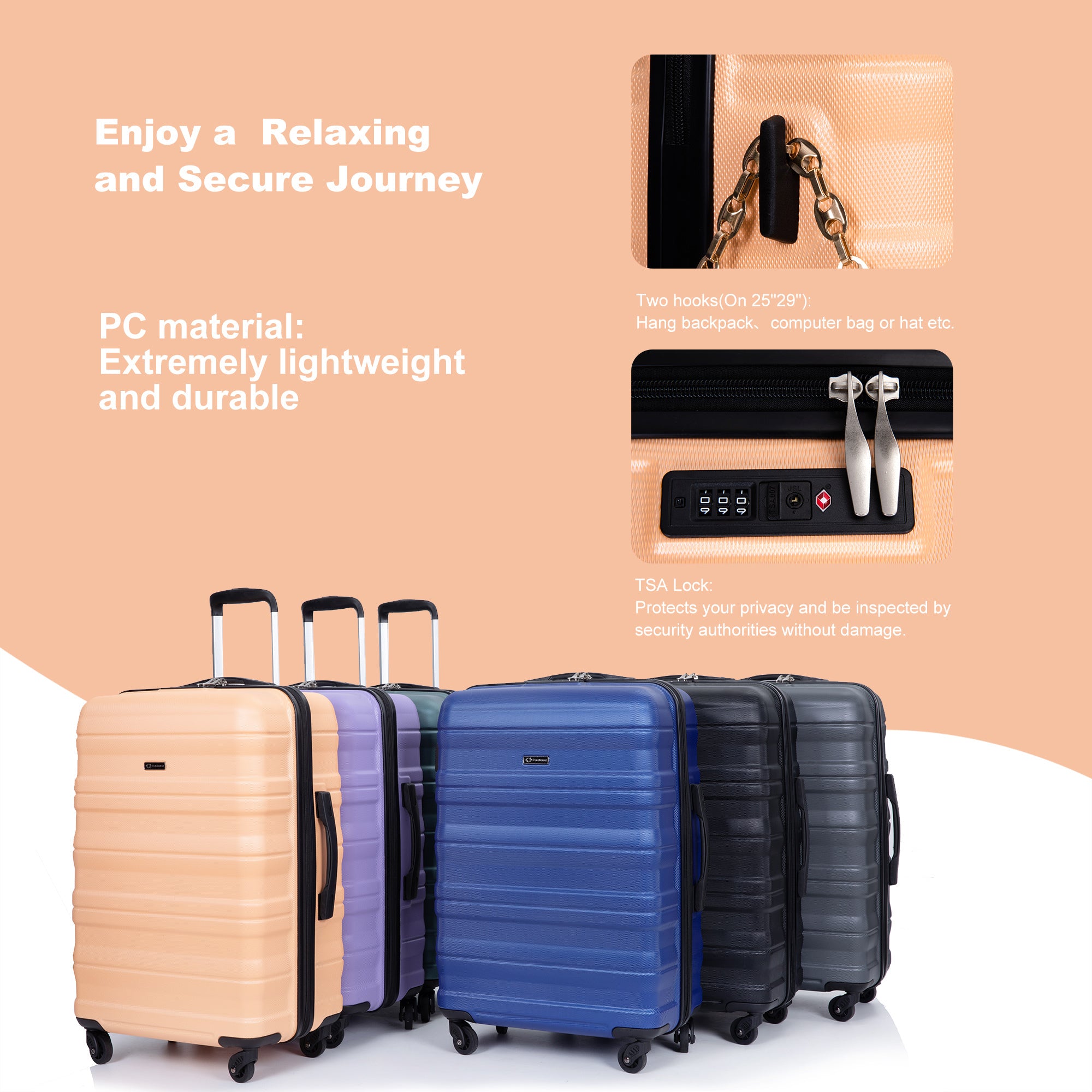 Expandable 3 Piece Luggage Sets PC Lightweight & Durable Suitcase with Two Hooks, Spinner Wheels, TSA Lock, Peach