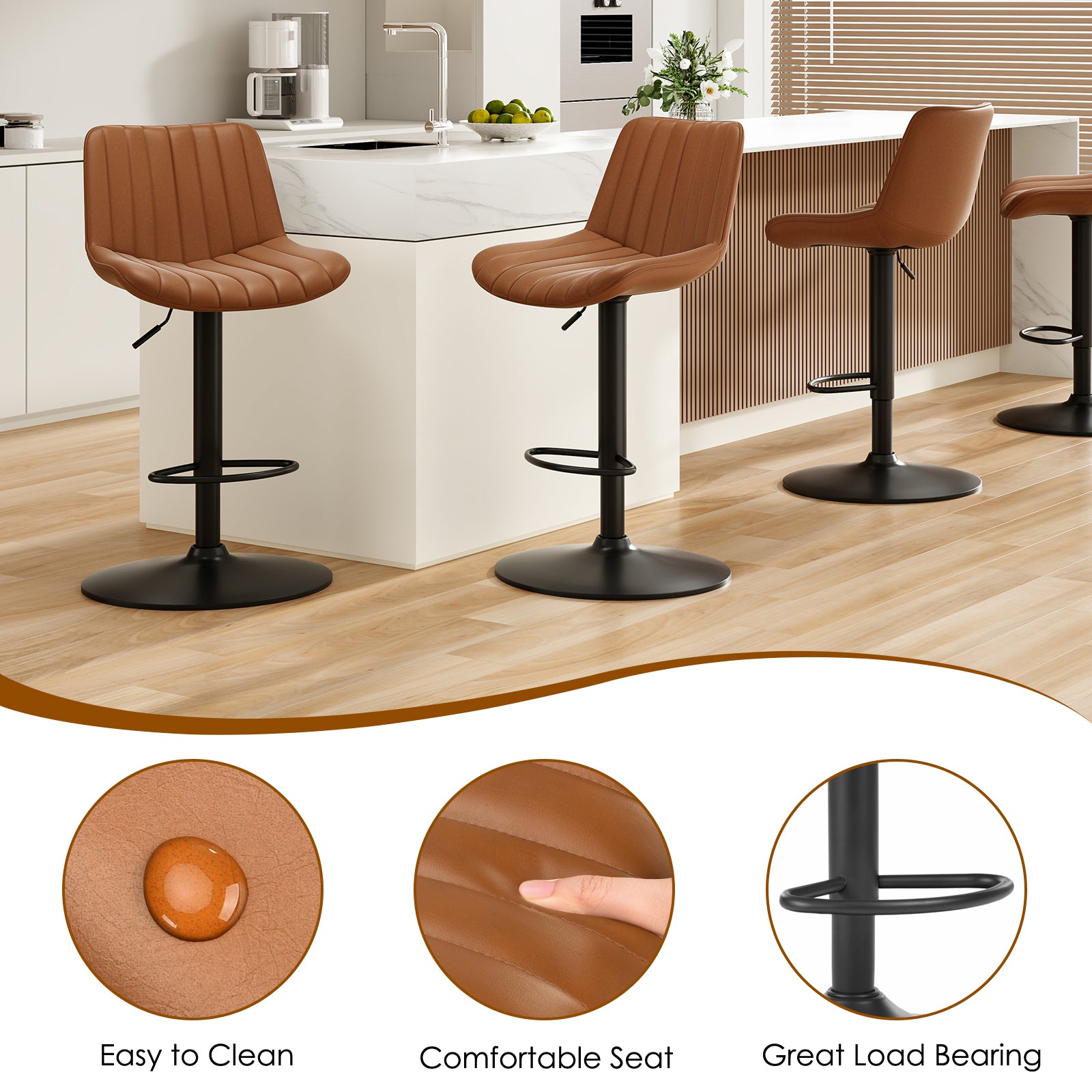 Swivel Adjustable Bar Stools Set of 2 | Brown PU Leather Counter Height Bar Chairs with Back Support