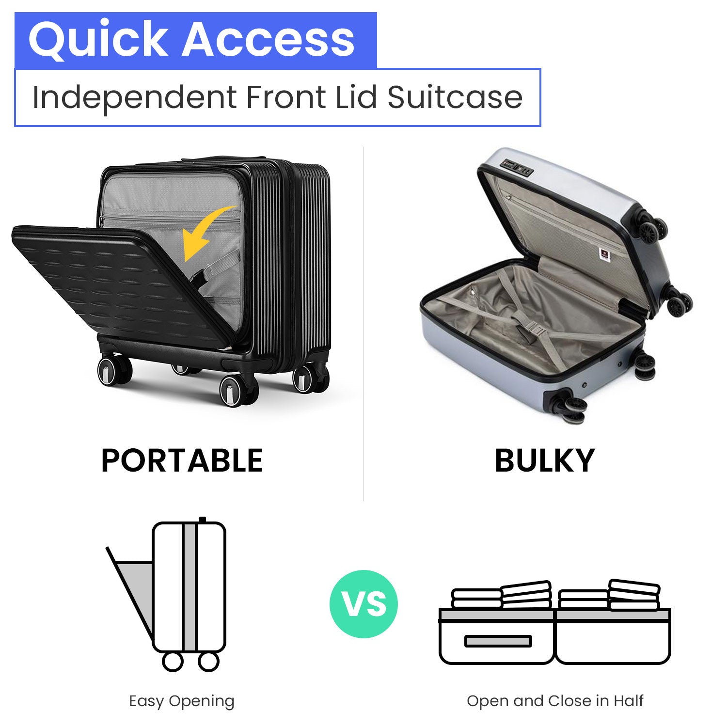 18" Carry-On Luggage with Front Open Door and Laptop Interlayer, PC Hard Shell Suitcase, Built-In TSA Lock, Lightweight Hardside Spinner Wheels, Airline Approved for Men and Women