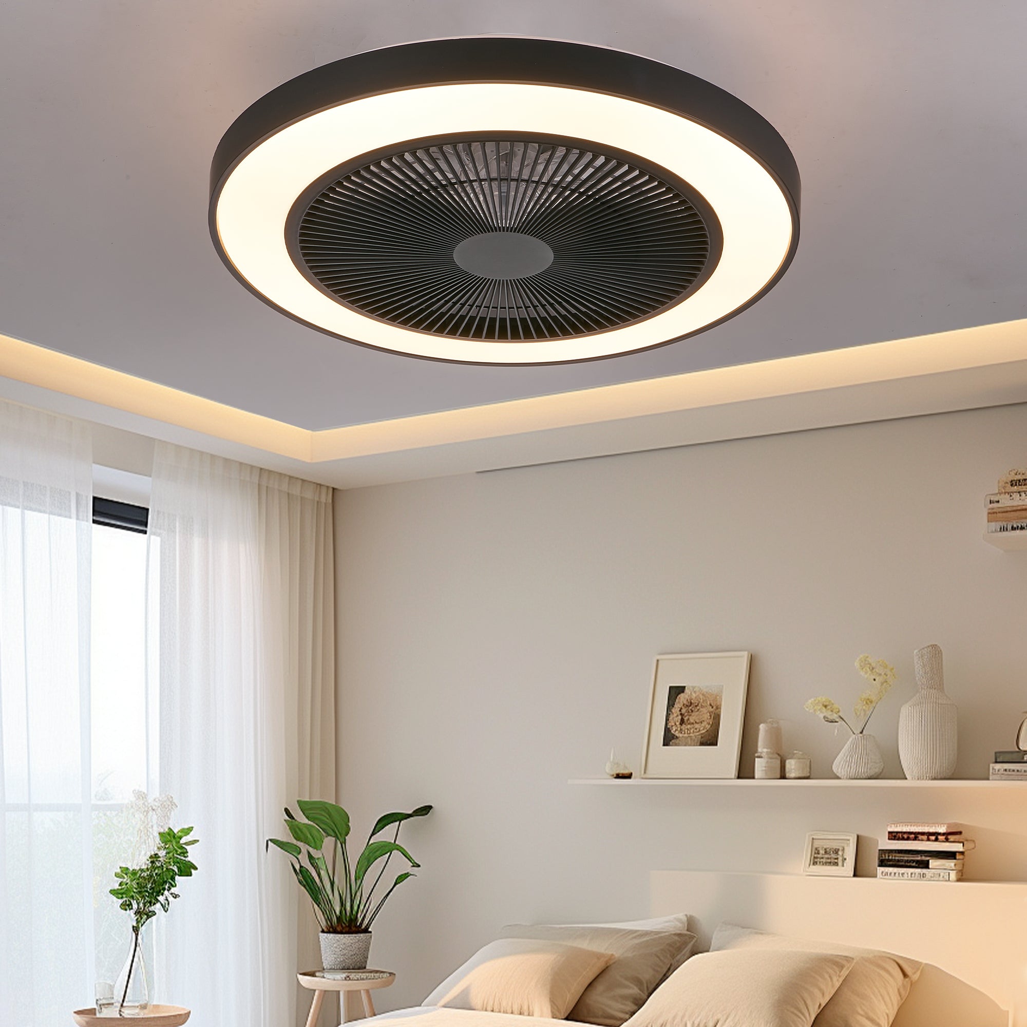 19-inch Black Ceiling Fan Light with LED RGB – Dimmable & Color-Changing, APP & Remote Control, Modern Smart Ceiling Fan for Living Room, Bedroom, and Dining Room (Silent/6-Speed/Reversible/DC Motor)