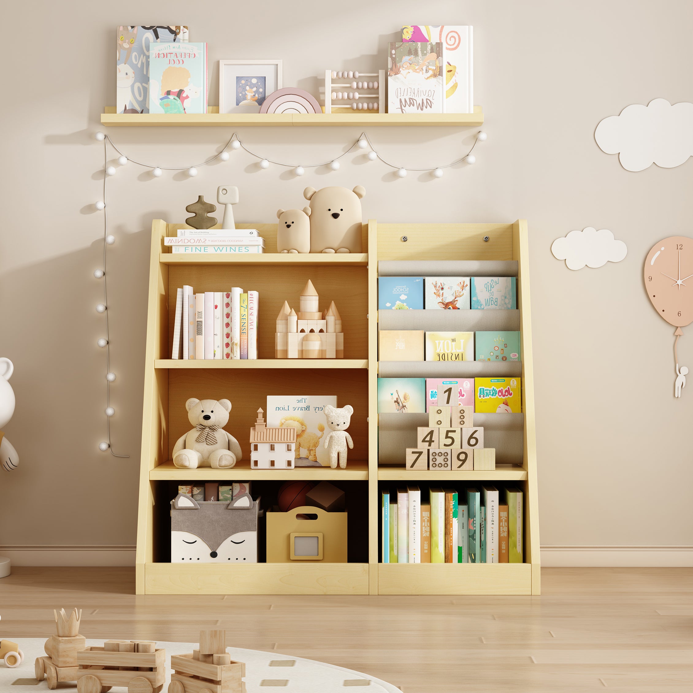 Wooden Toy Storage Organizer Cabinet – Natural Wood Kids Bookshelf, Adjustable Sling Book Rack for Playroom, Bedroom, Nursery, Hallway, and Kindergarten