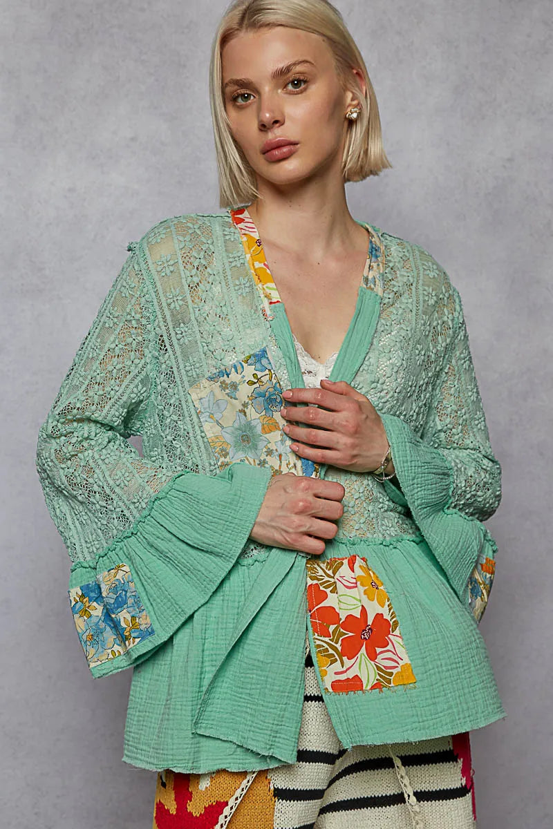 POL Lace Ruffled Hem Open Front Cardigan
