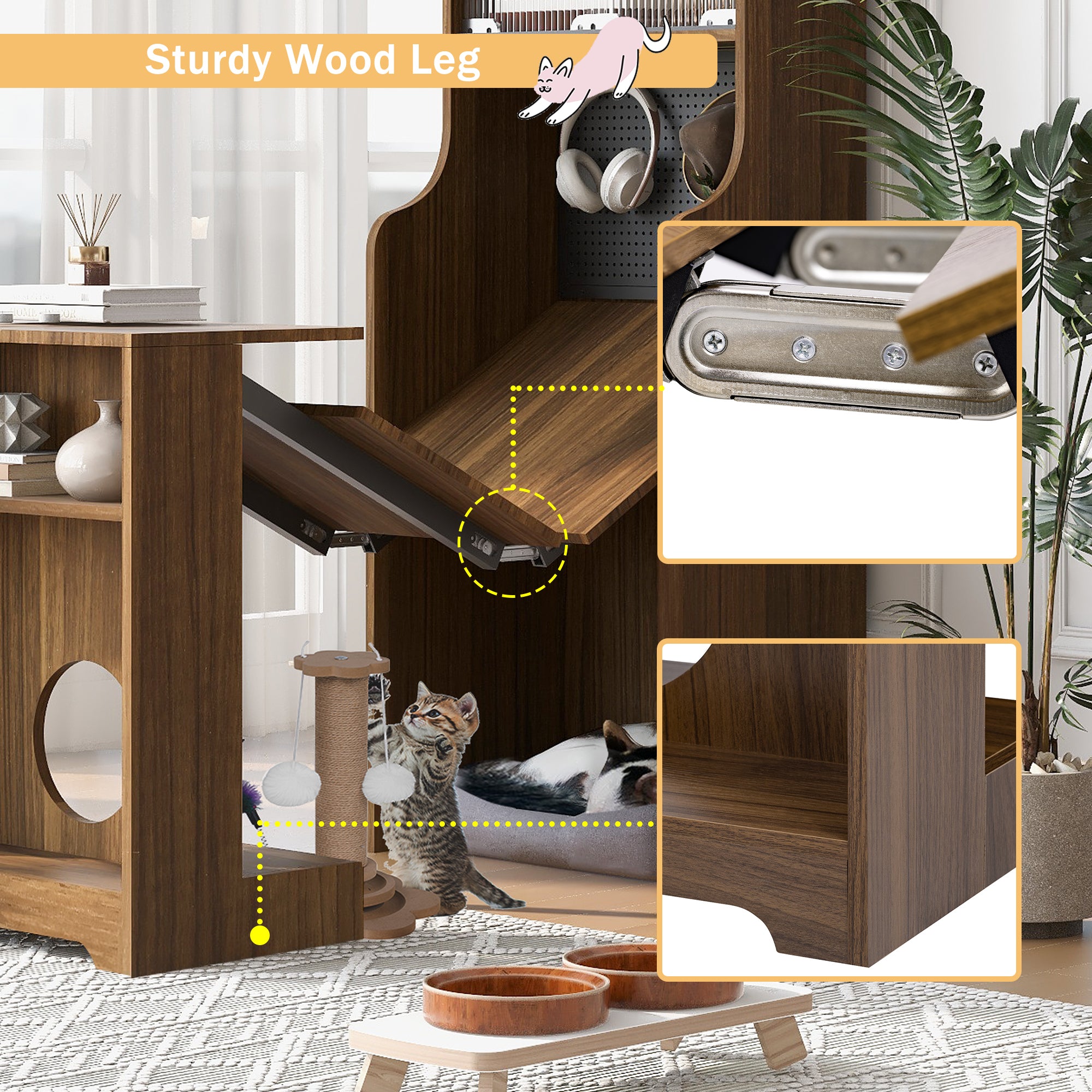 Mid-Century Modern Walnut Vintage Multi-use Cabinet With Cat scratcher Bed cat friendly furniture