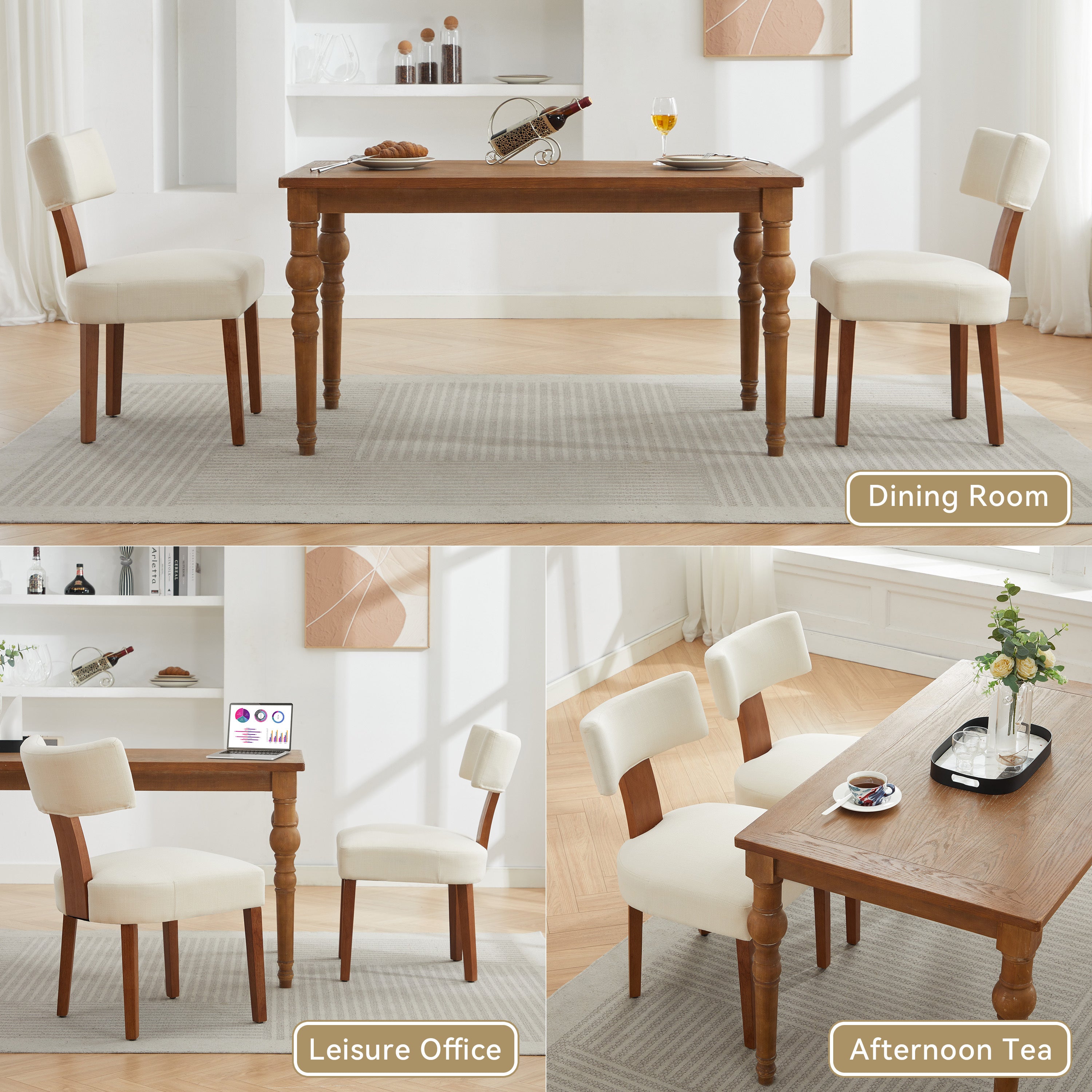 064-Set of 2 Linen Fabric Modern Armless Dining Chairs With Curved backrest and Solid Wooden Legs for Dining Room Living Room ,Beige